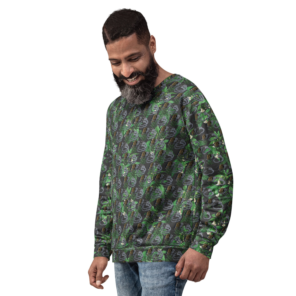 White BudWear Cuffs n Bud sweatshirt with all-over recycled print, unisex casual crewneck displayed from the left front view.