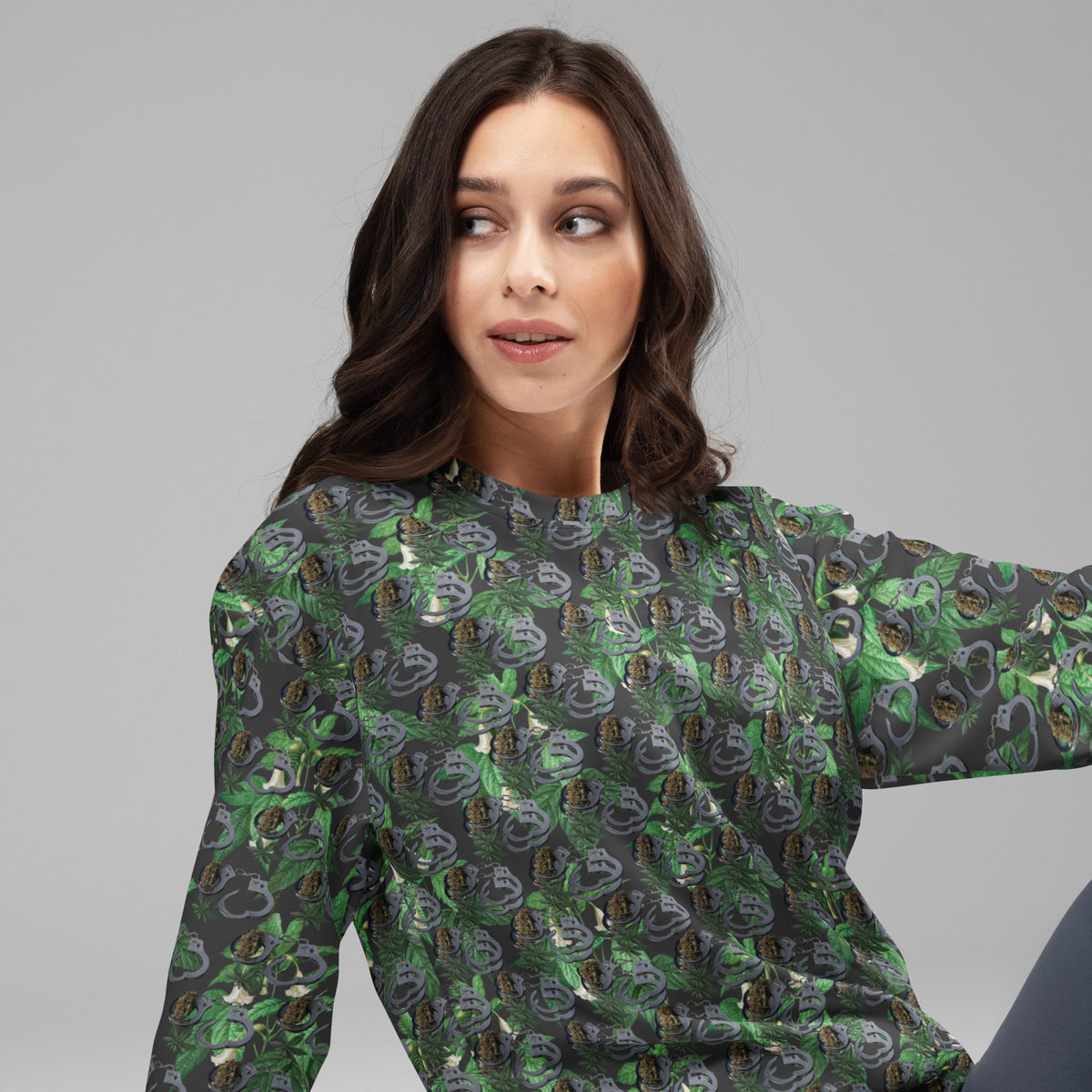 Unisex white BudWear Cuffs n Bud sweatshirt with all-over printed recycled fabric, right front view.