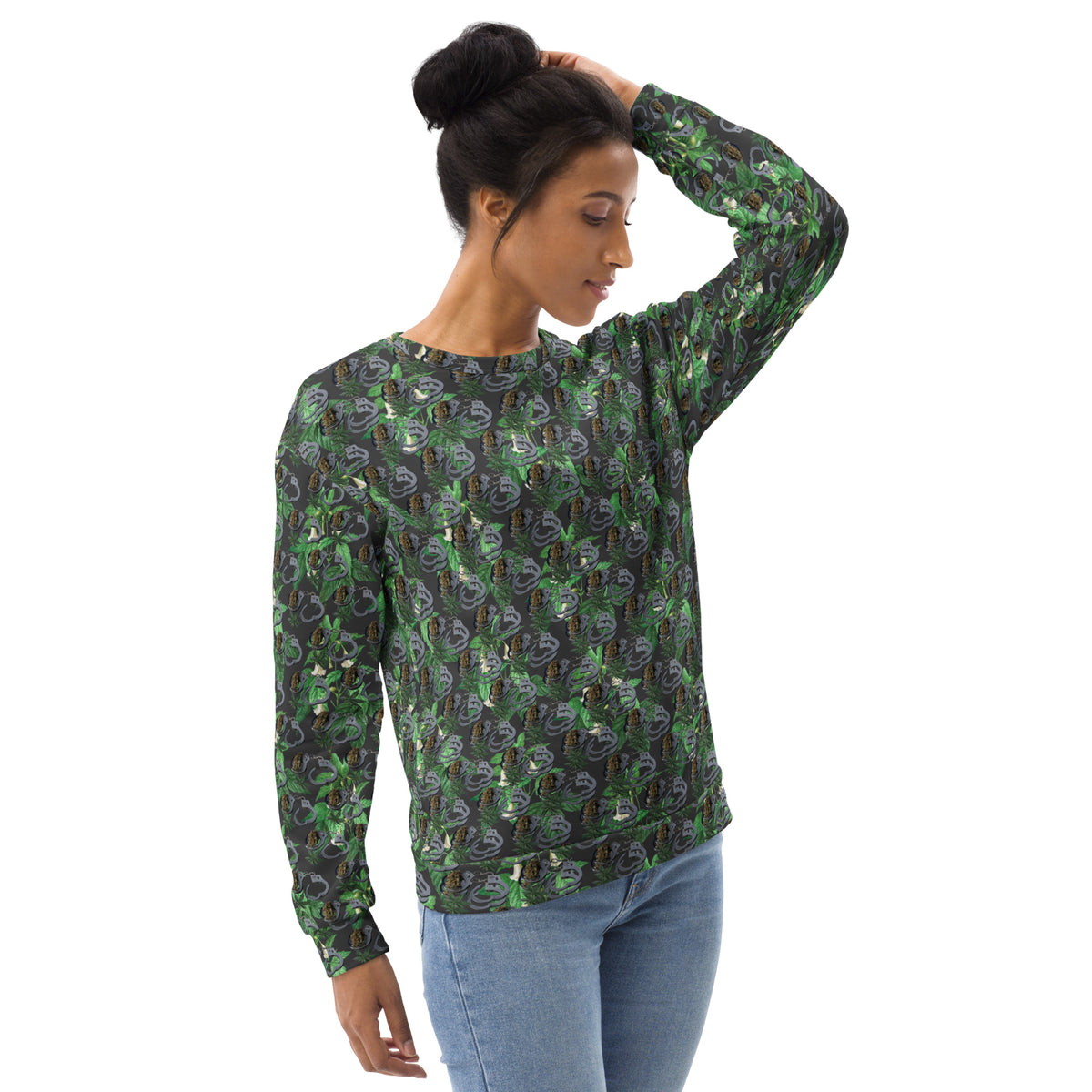 Unisex white BudWear Cuffs n Bud sweatshirt with all-over recycled print, featuring colorful cannabis leaf designs on the front.