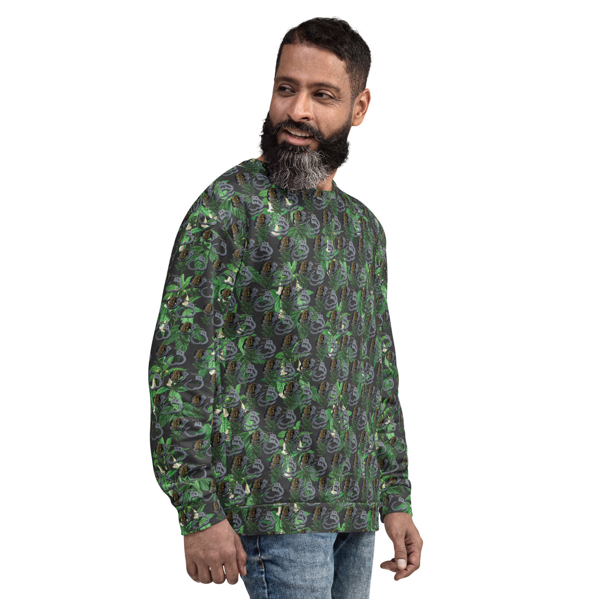 Unisex white BudWear Cuffs n Bud sweatshirt with colorful all-over print, featuring recycled fabric and a right-front view.