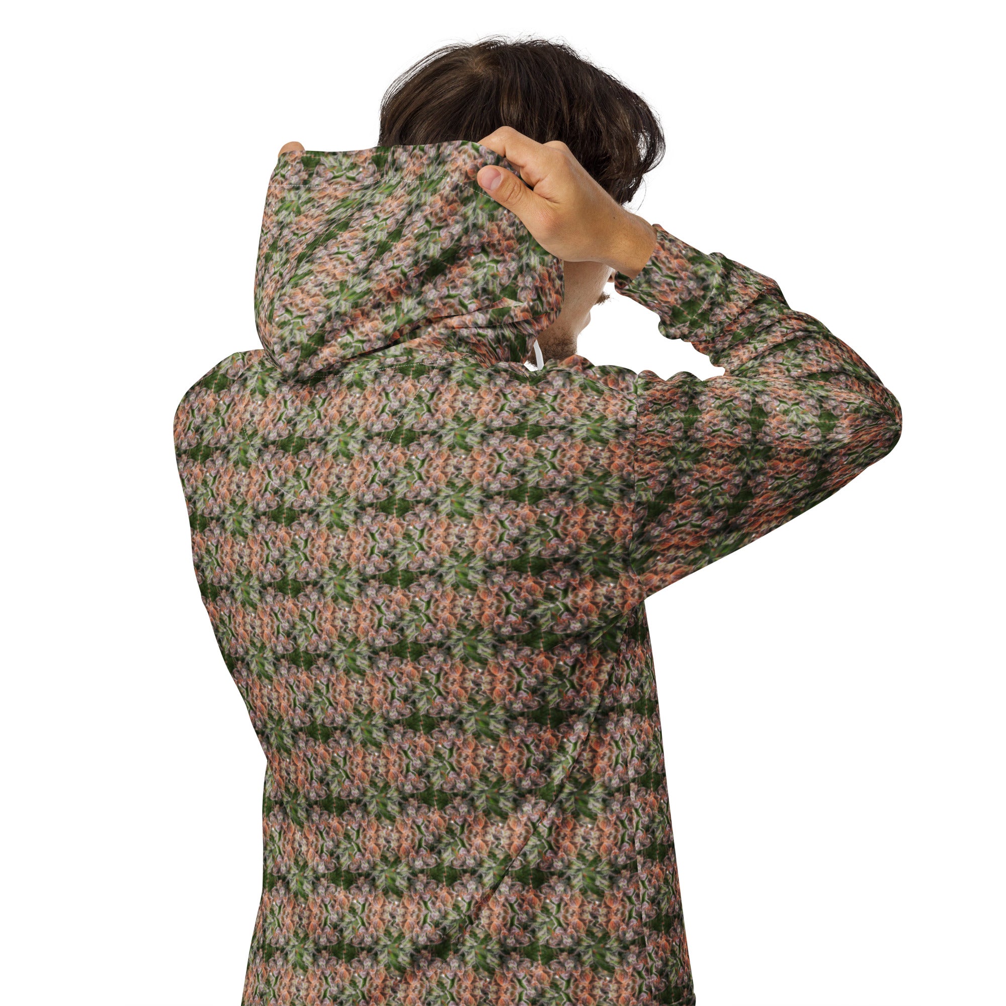 Unisex brown cannabis print zip hoodie by BudWear with all-over recycled cannabis leaf design on a white back.