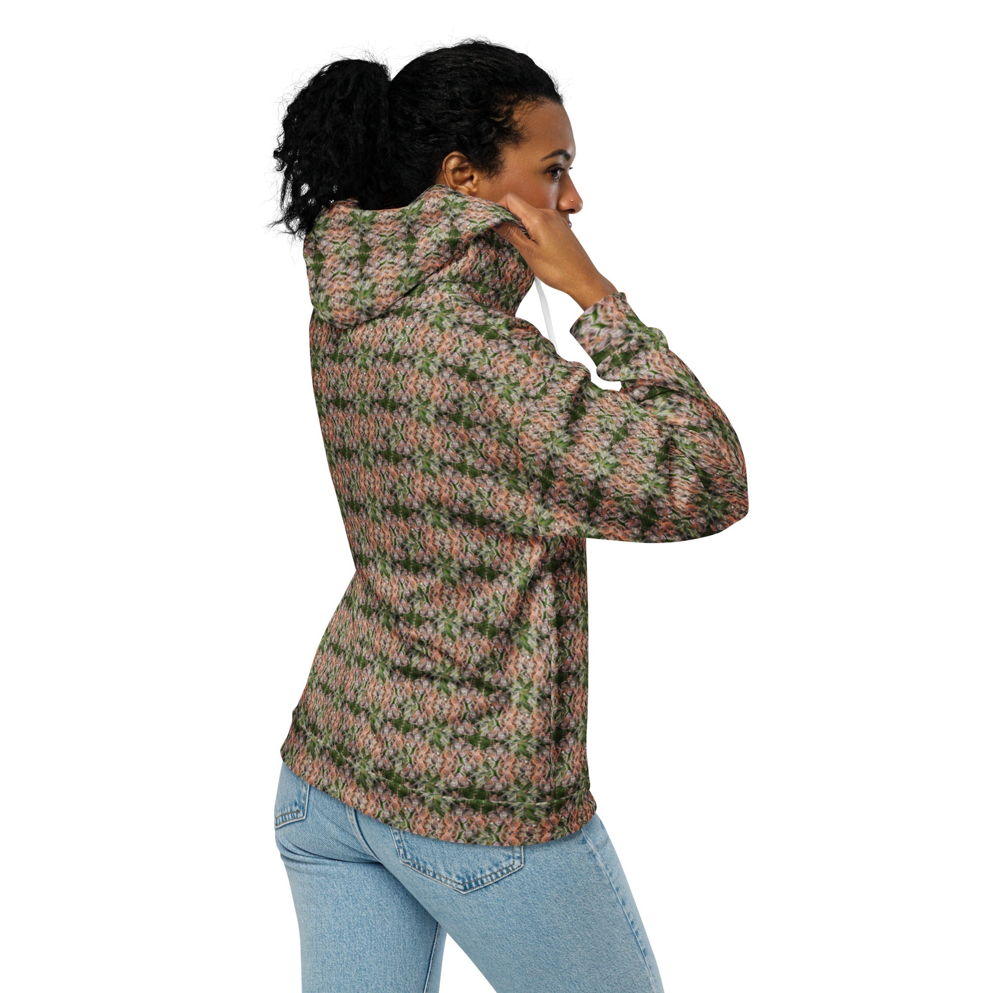 Unisex brown cannabis print zip hoodie from BudWear with all-over recycled hemp leaf pattern on a white background.