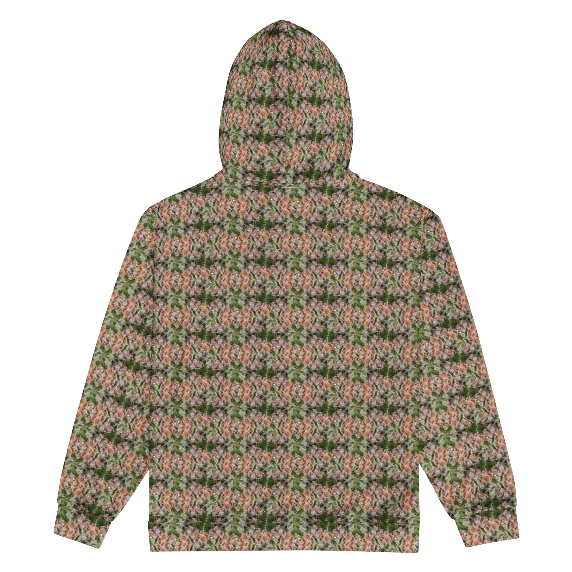 Unisex brown cannabis print zip hoodie by BudWear featuring all-over recycled cannabis leaf design on white background.