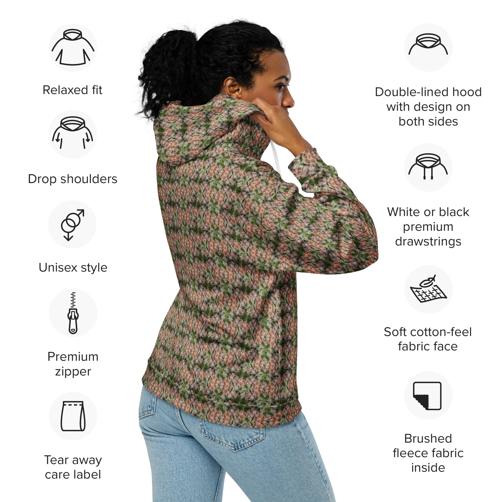 Unisex brown cannabis print zip hoodie from BudWear featuring an all-over recycled cannabis leaf design on a white background.