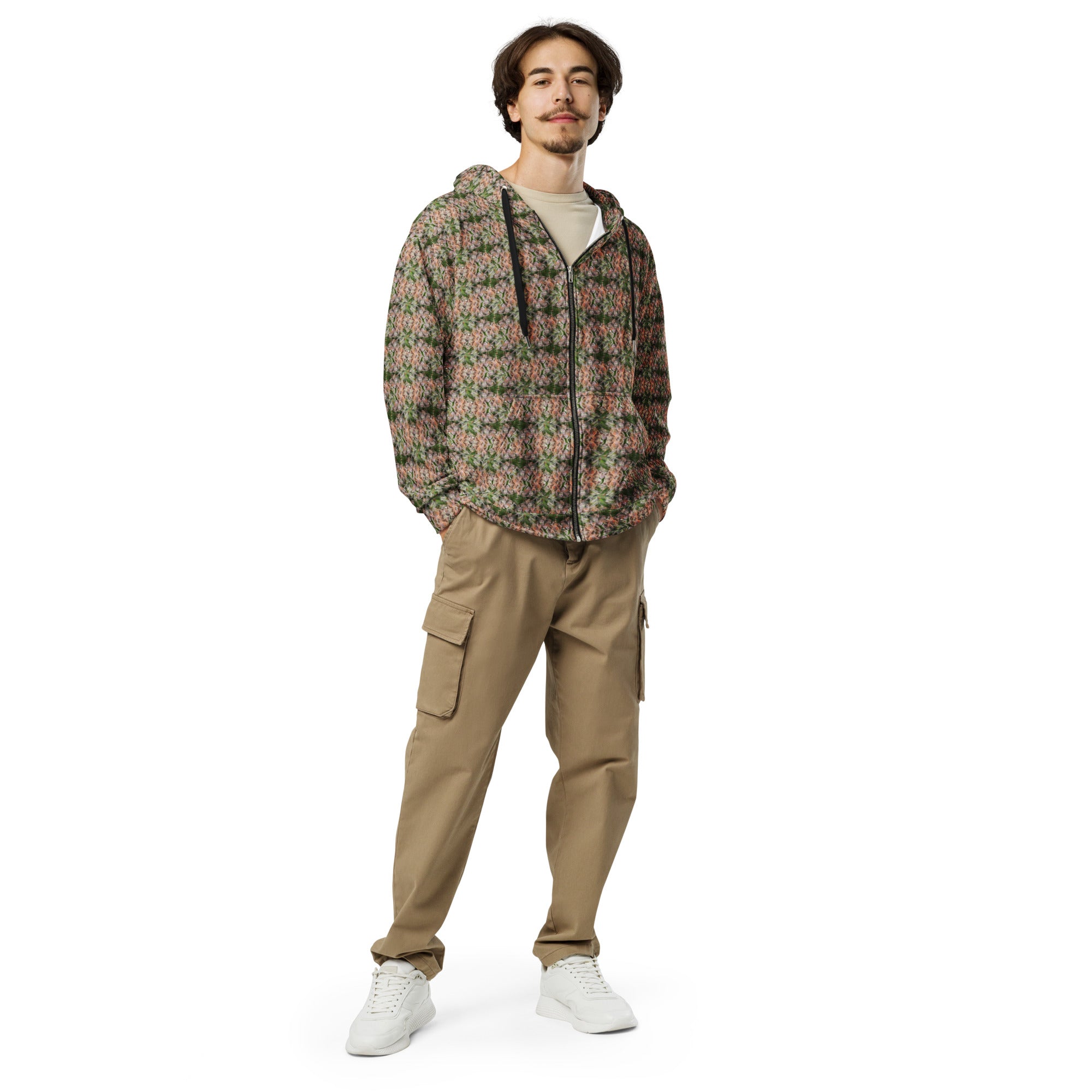 Brown cannabis print zip-up hoodie worn as unisex streetwear