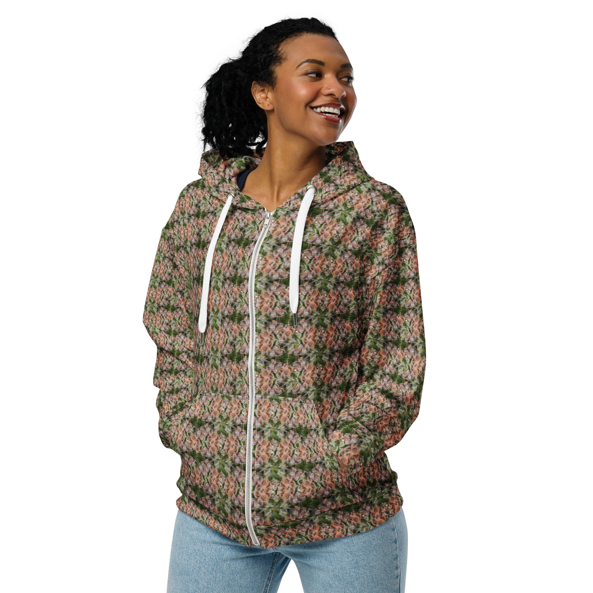 Unisex brown cannabis print zip hoodie by BudWear with all-over cannabis leaf design on recycled fabric, front view.