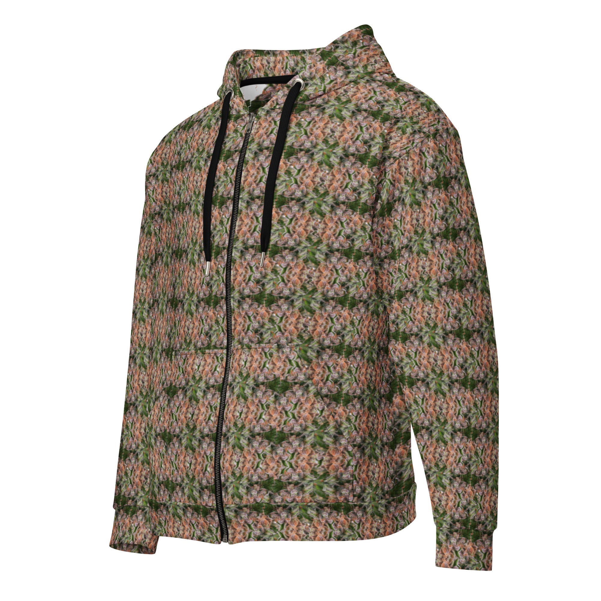 Brown cannabis print zip-up hoodie worn as unisex streetwear