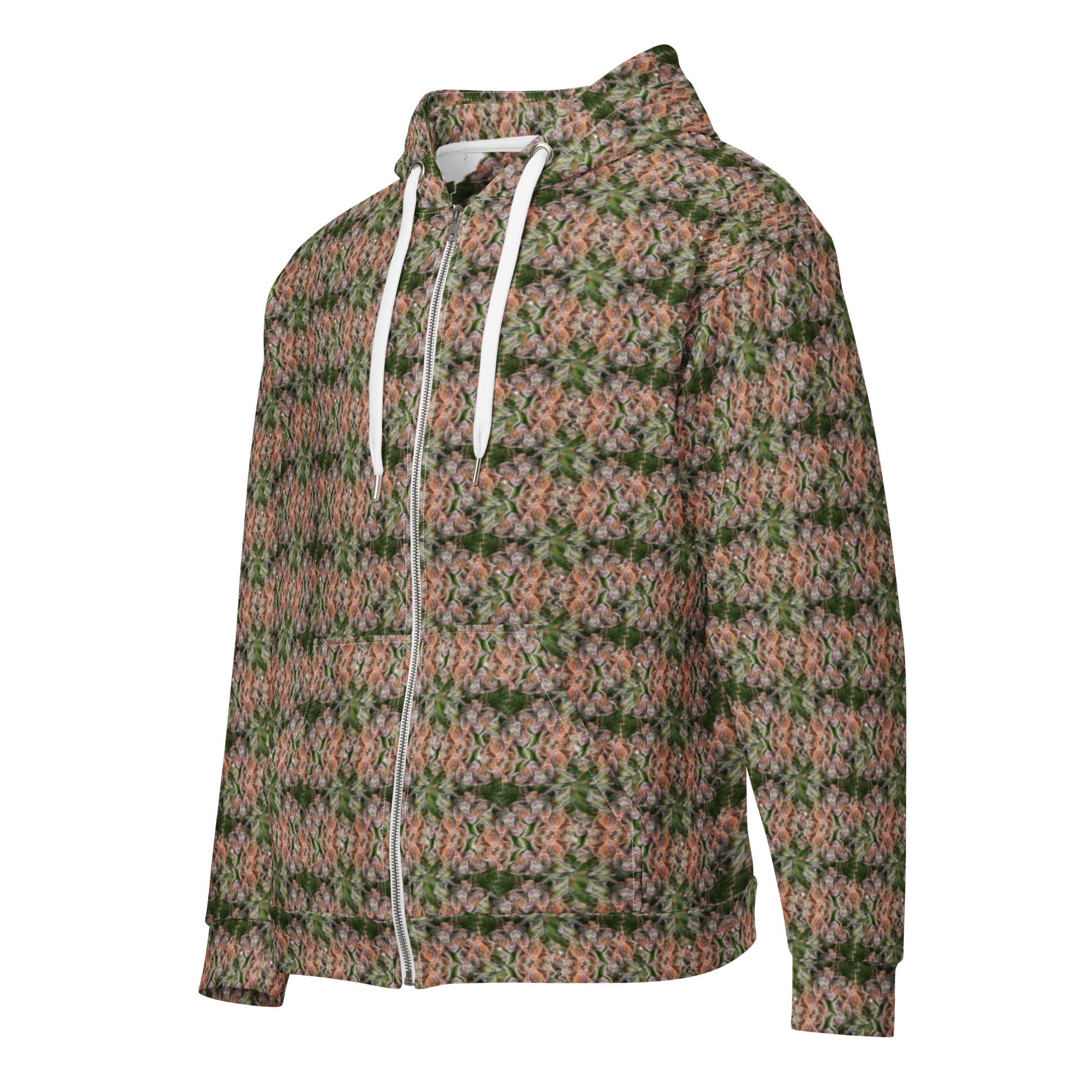 Unisex brown cannabis print zip hoodie by BudWear featuring all-over green cannabis leaf design on a white background.