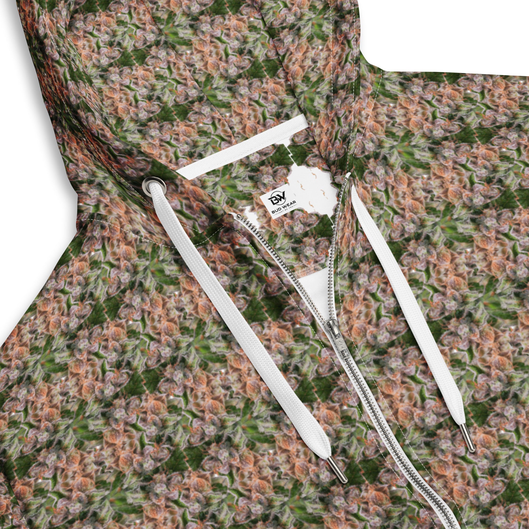 Unisex brown cannabis print zip hoodie by BudWear with all-over recycled print on white background.