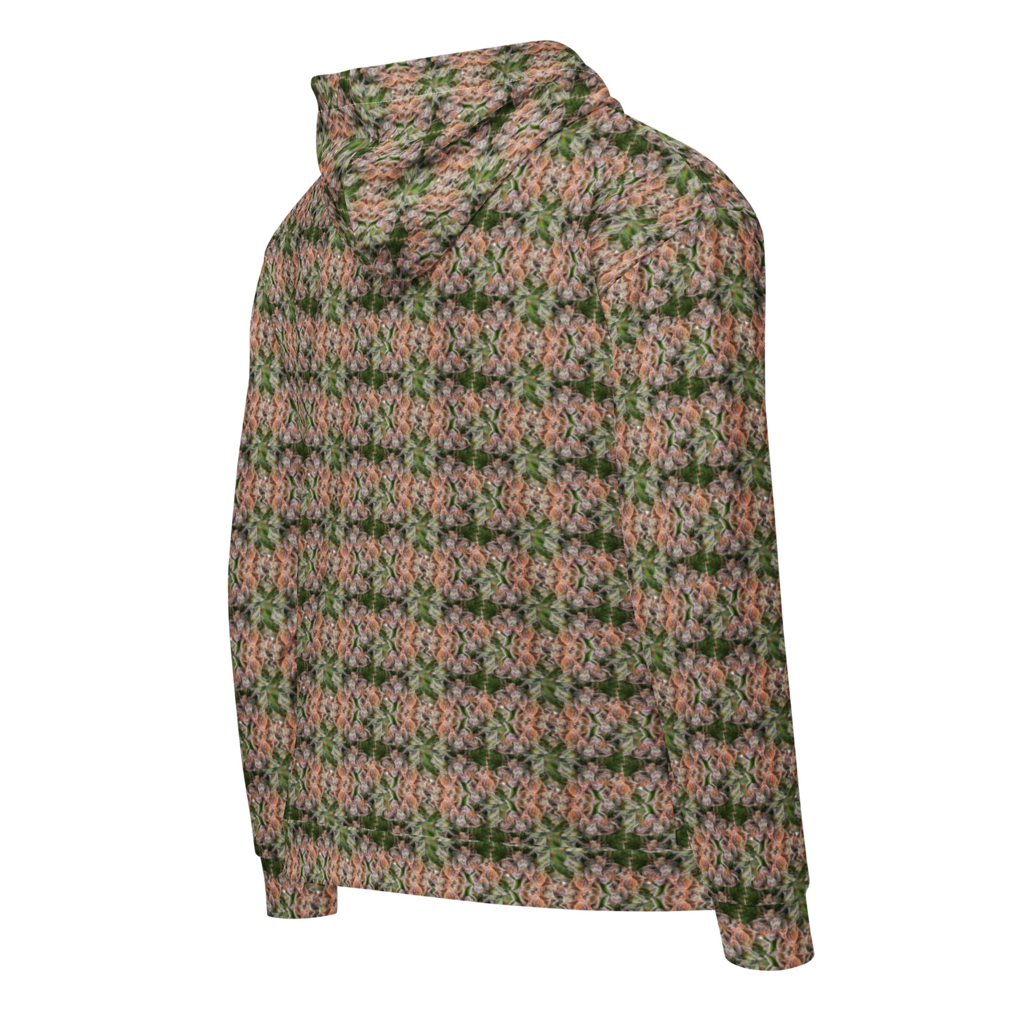 Unisex brown cannabis print zip hoodie by BudWear with all-over recycled cannabis leaf design on white background.
