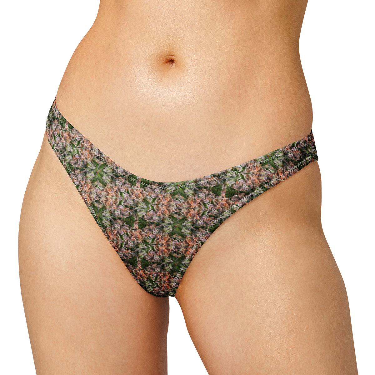 Recycled V-cut bikini bottom by BudWear with all-over white print, featuring a stylish V-shaped cut and eco-friendly fabric.
