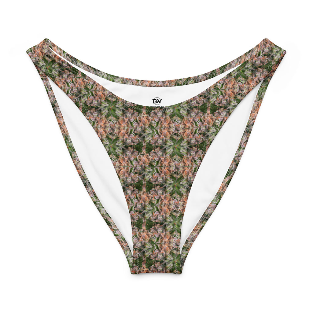 Recycled V-cut bikini bottom by BudWear with all-over white print, featuring a stylish cut-sew design for beachwear fashion.