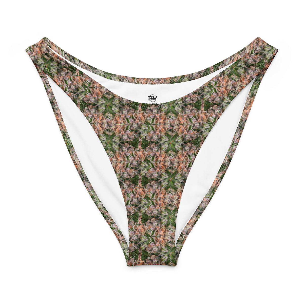 Recycled V-cut bikini bottom by BudWear with all-over print, white color, front view, eco-friendly swimwear style.