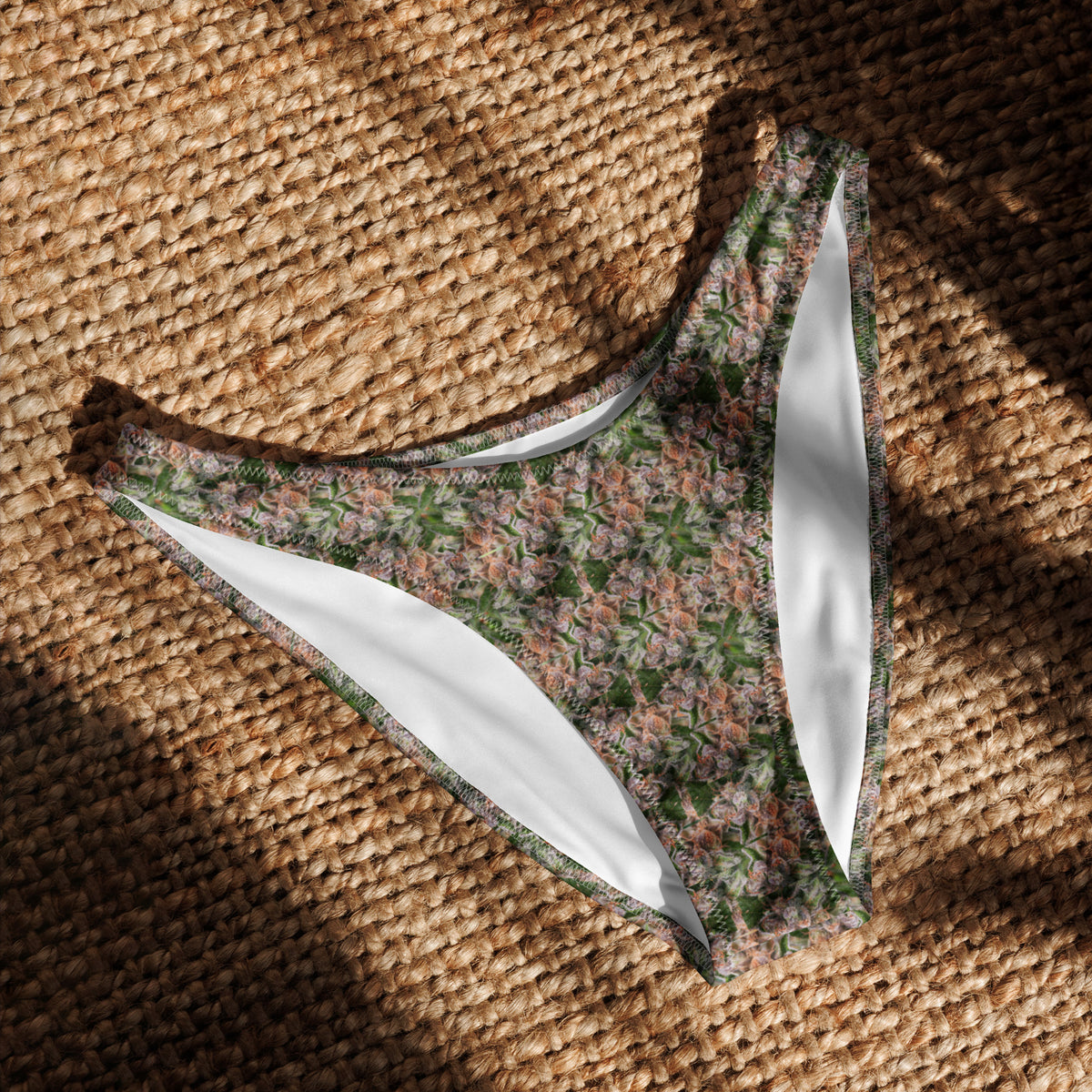 Recycled V-cut bikini bottom by BudWear with white all-over print, featuring a stylish V-shaped cut and eco-friendly fabric.