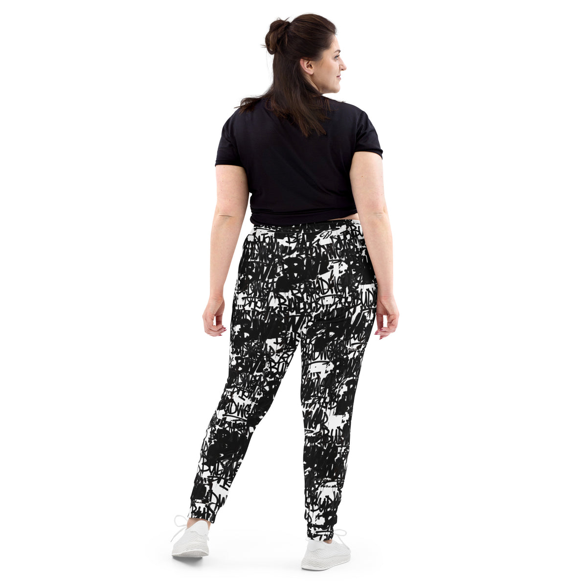 All-over print recycled women's BudWear Signature Print Joggers shown from the back, featuring a white design and casual cut-sew style.