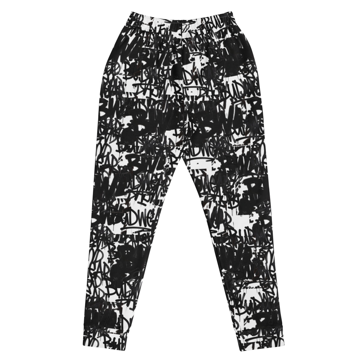 Recycled women's white BudWear Signature Print Joggers with all-over colorful print, back view, casual cut-sew style.