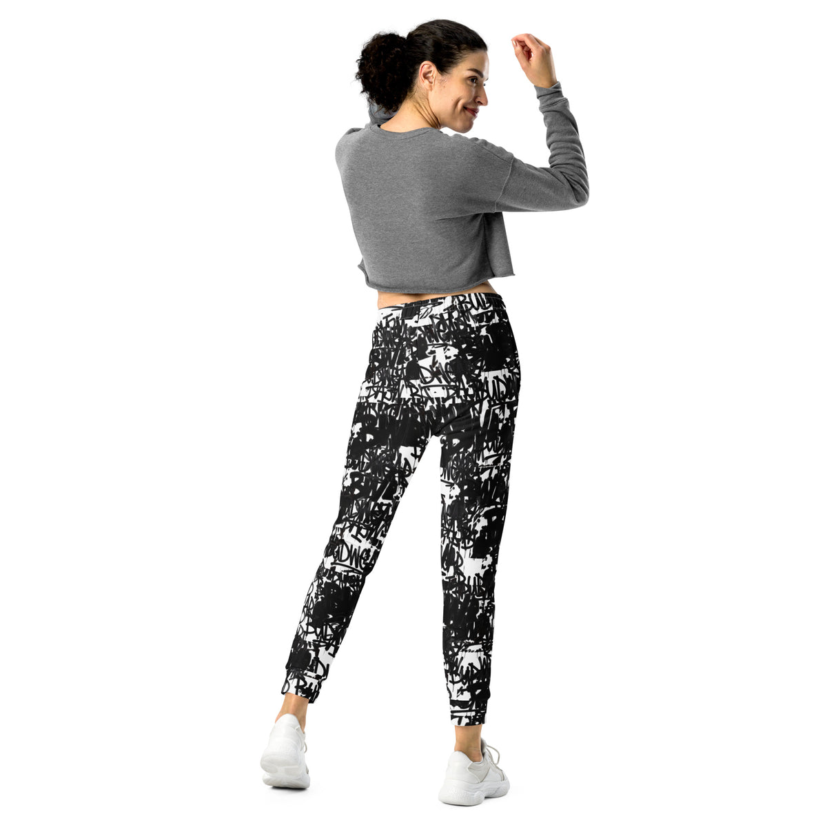 All-over-print recycled white women's joggers from BudWear Signature Print Joggers, showcasing casual style and eco-friendly fabric.