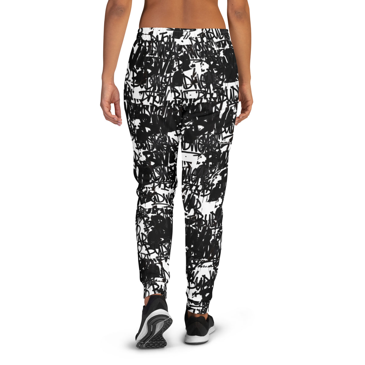 All-over print recycled women's BudWear Signature Print Joggers, white cut-sew with bold graphic design back view