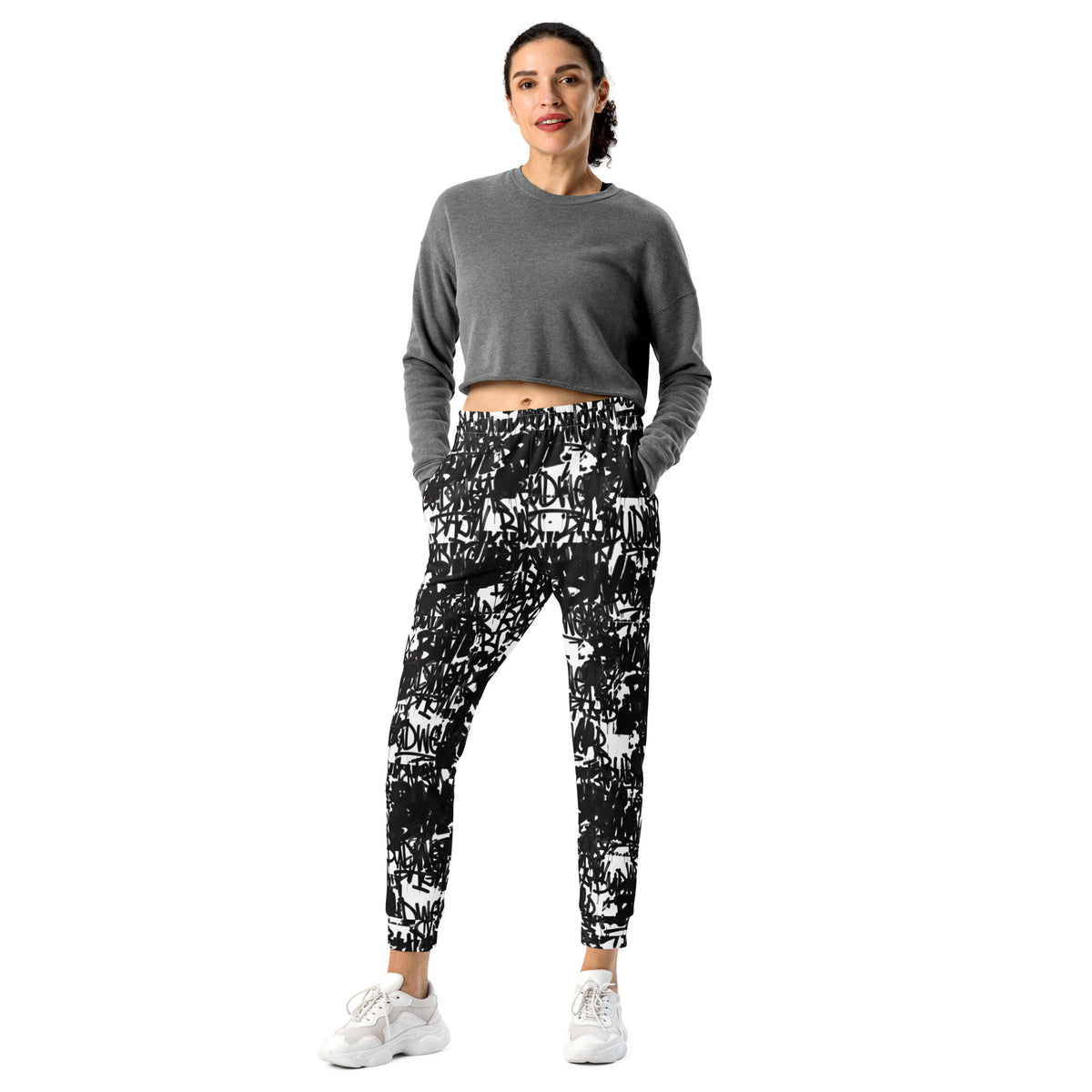 White BudWear Signature Print Joggers with all-over recycled print, featuring a comfortable cut-sew design for women.