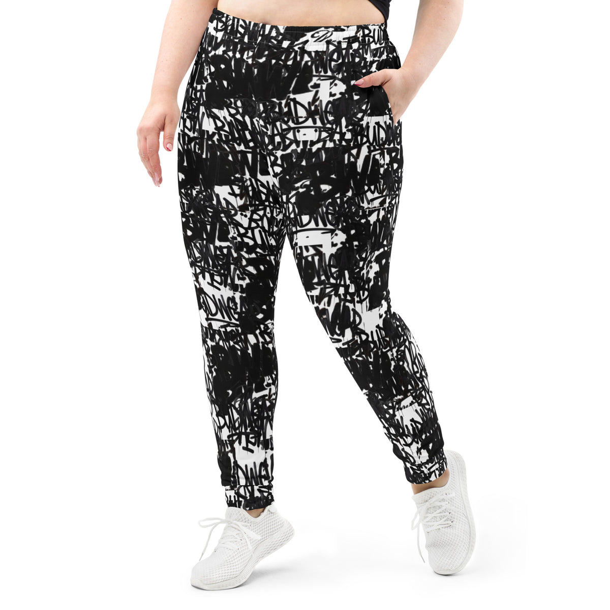 White all-over-print recycled women's BudWear signature print joggers, casual cut-sew with vibrant design detail.