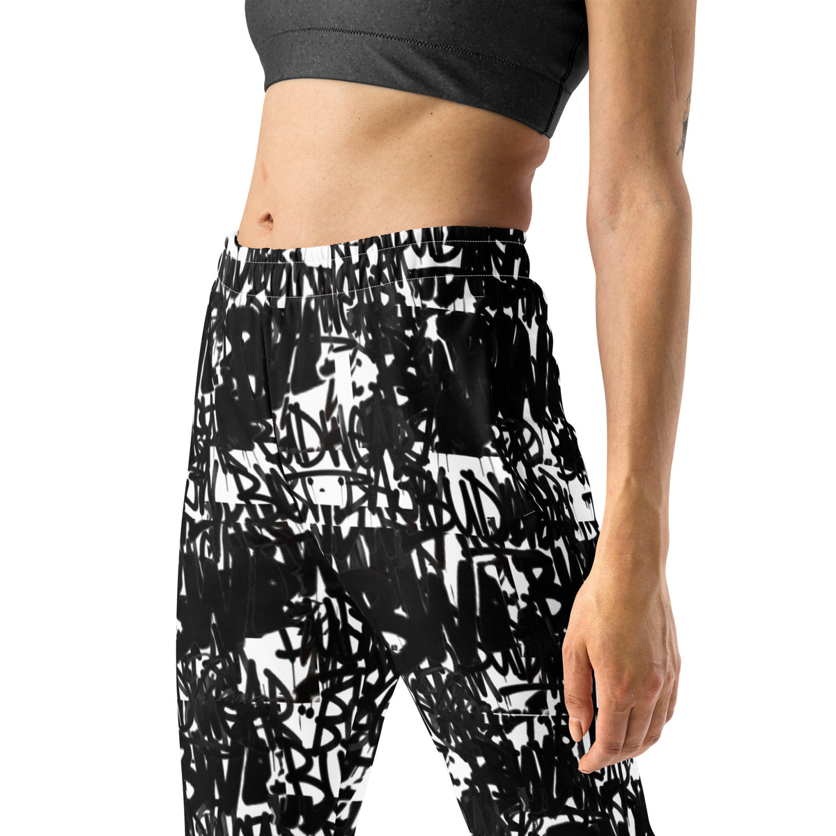 All-over-print recycled women's joggers by BudWear featuring a white cut-sew design with signature print details.