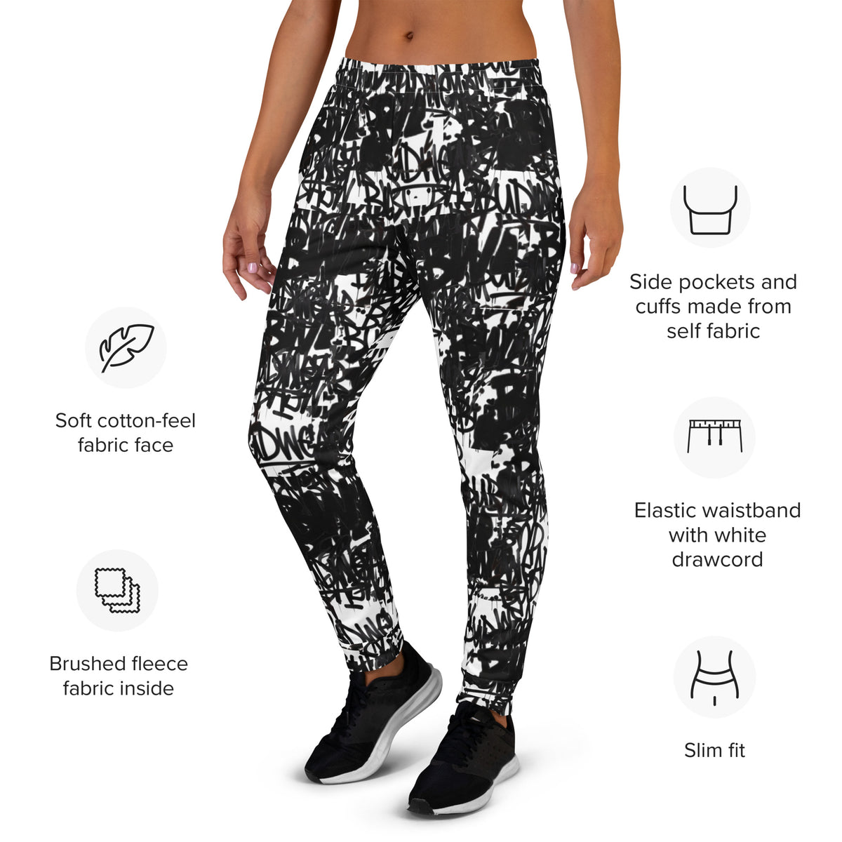 All-over-print recycled white women's Joggers by BudWear featuring bold signature print and casual cut-sew design.