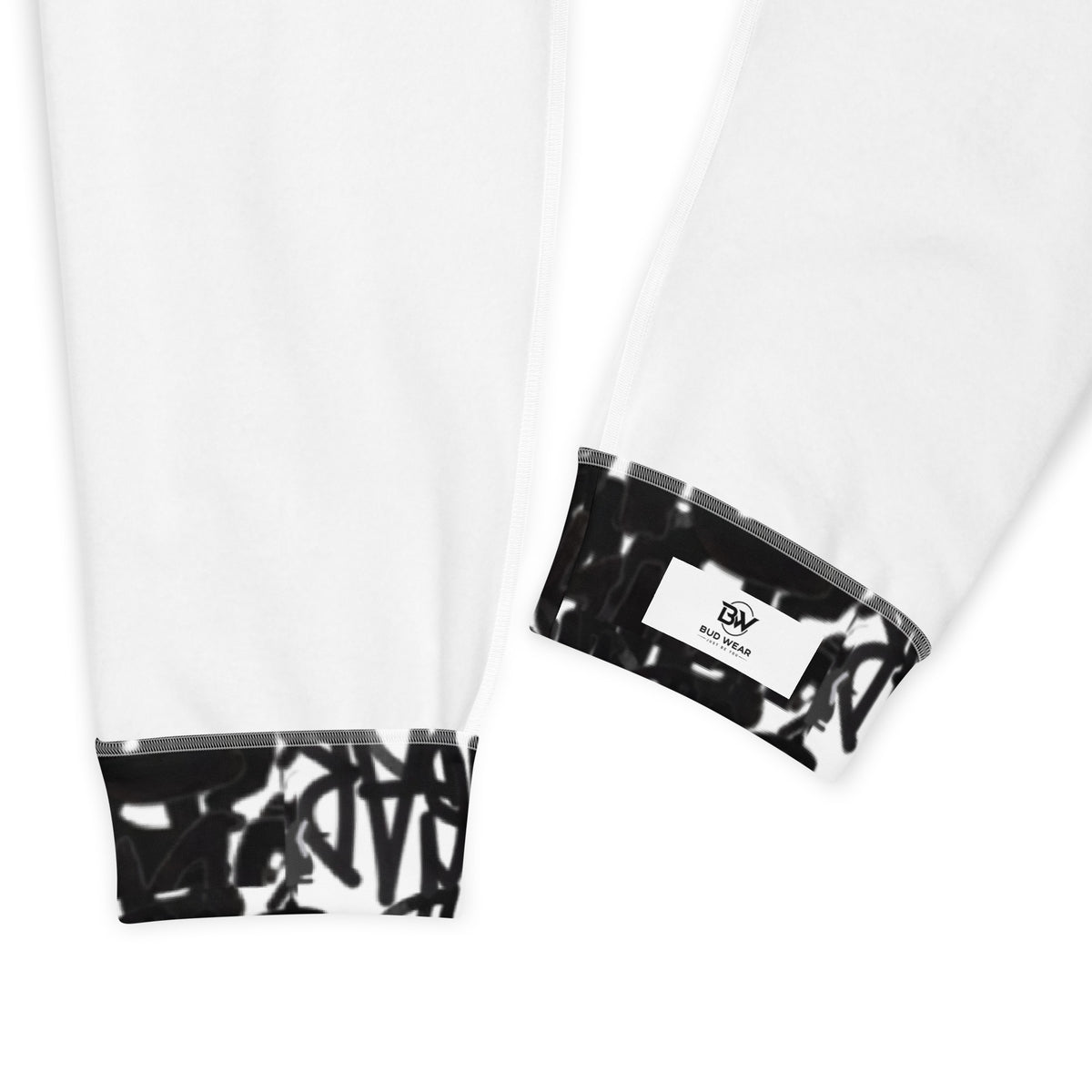 White BudWear Signature Print Joggers, all-over recycled fabric, casual cut-sew design with vibrant print details.