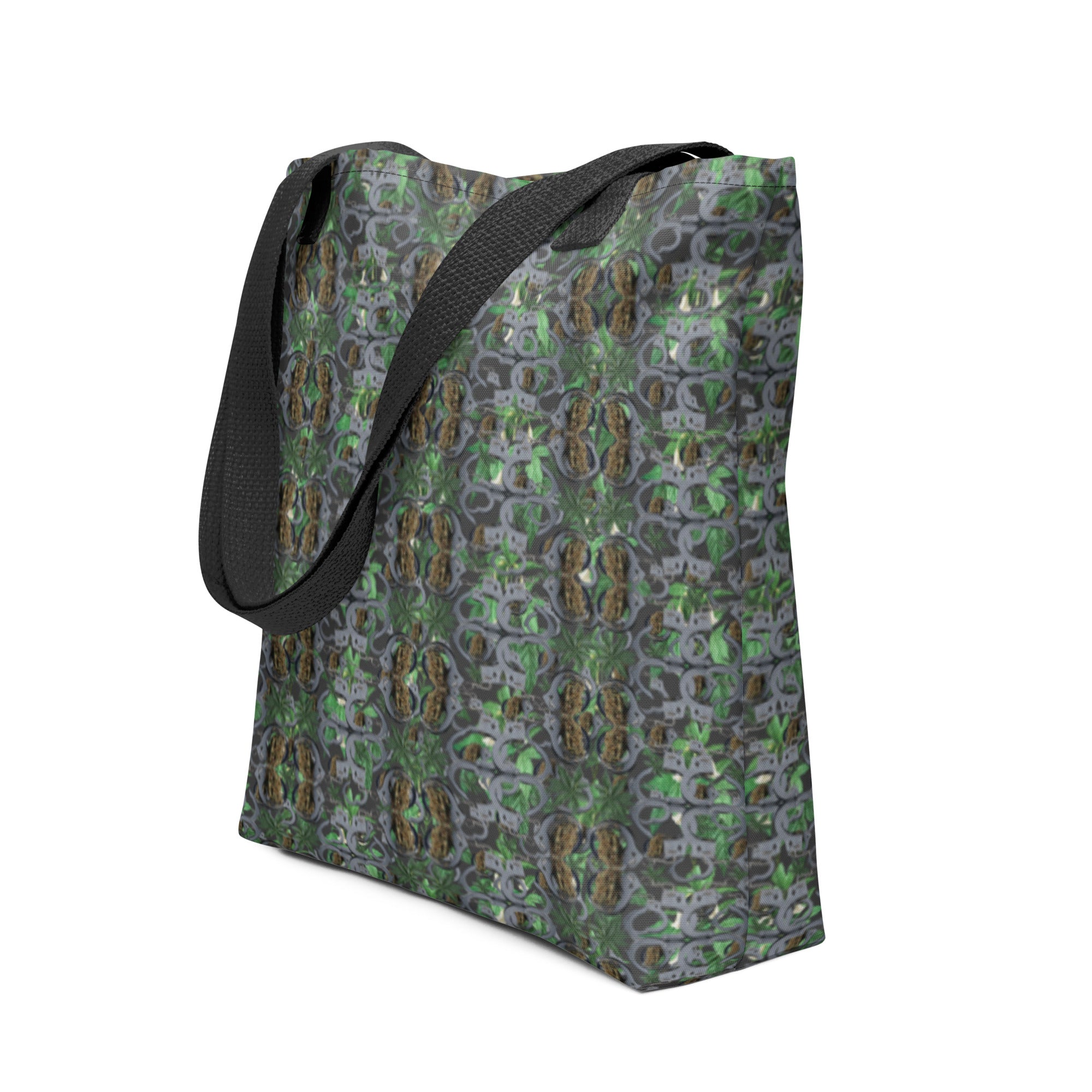 All-over-print black Bud n Cuffs tote bag by BudWear, featuring bold graphic design, front view, 15x15 inch size.