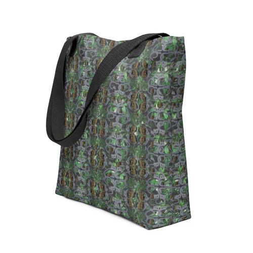 Black Bud n Cuffs Tote Bag by BudWear featuring an all-over print design, 15x15 inches, with sturdy handles and vibrant artwork.