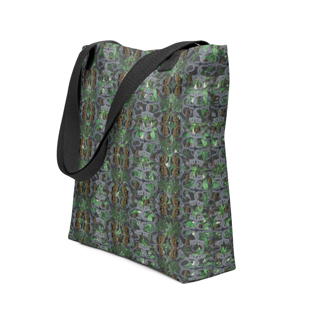 Purple Bud n Cuffs tote bag by BudWear with all-over print, featuring a spacious 15x15-inch design for everyday use.
