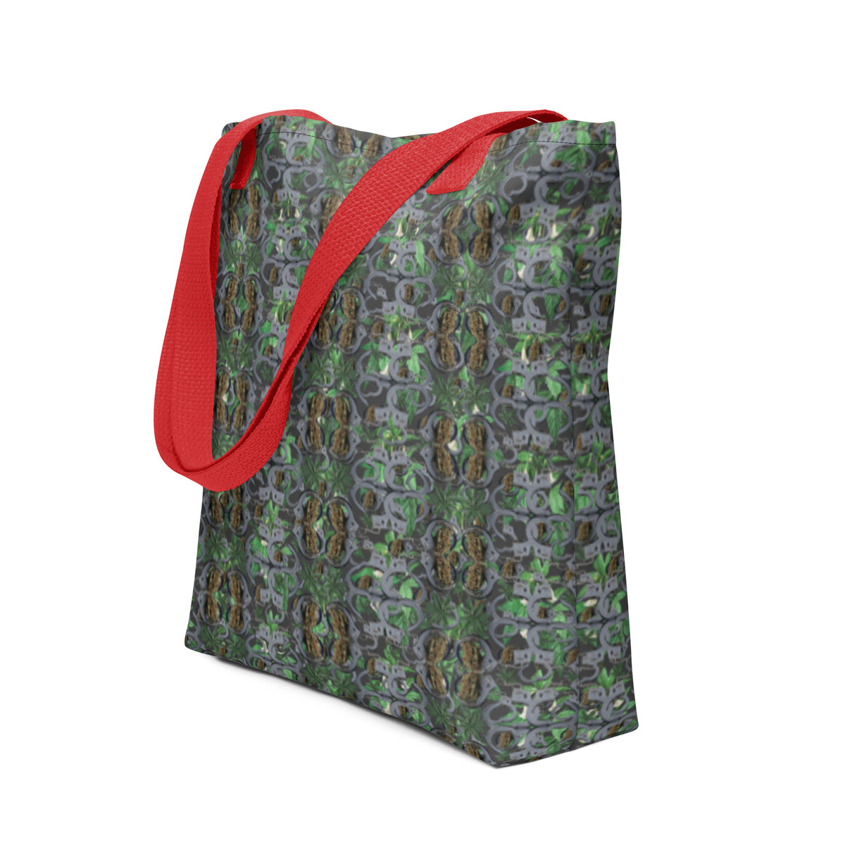 Red BudWear Bud n Cuffs tote bag with all-over print, showing front view with handles and vibrant graphic design.