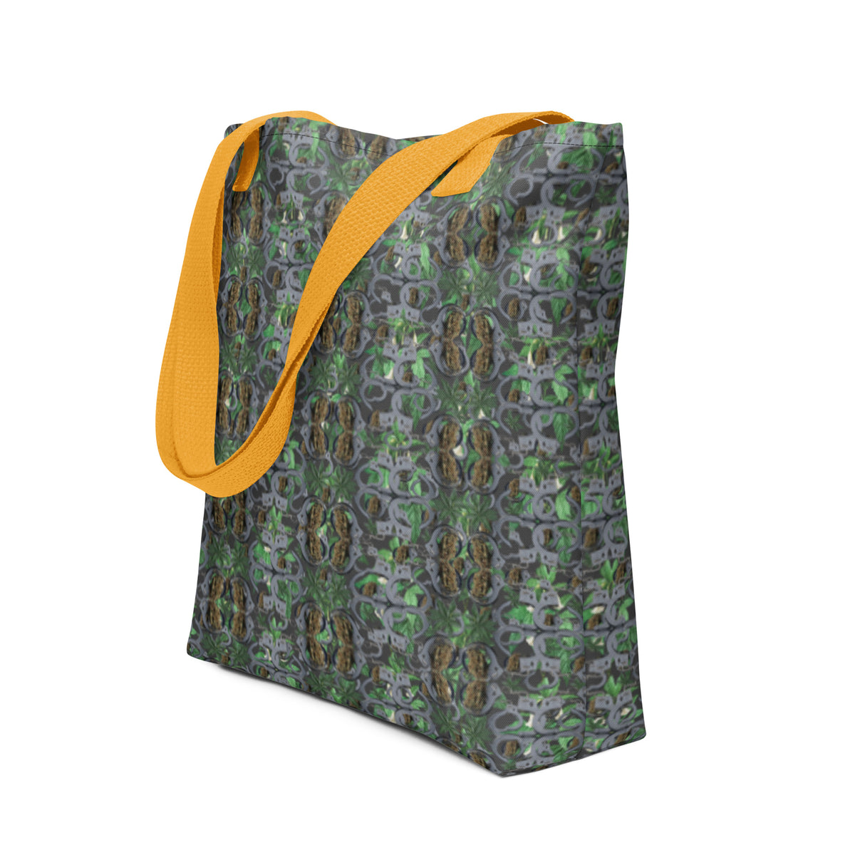 Yellow Bud n Cuffs tote bag with all-over print and front design, made by BudWear for casual everyday use.