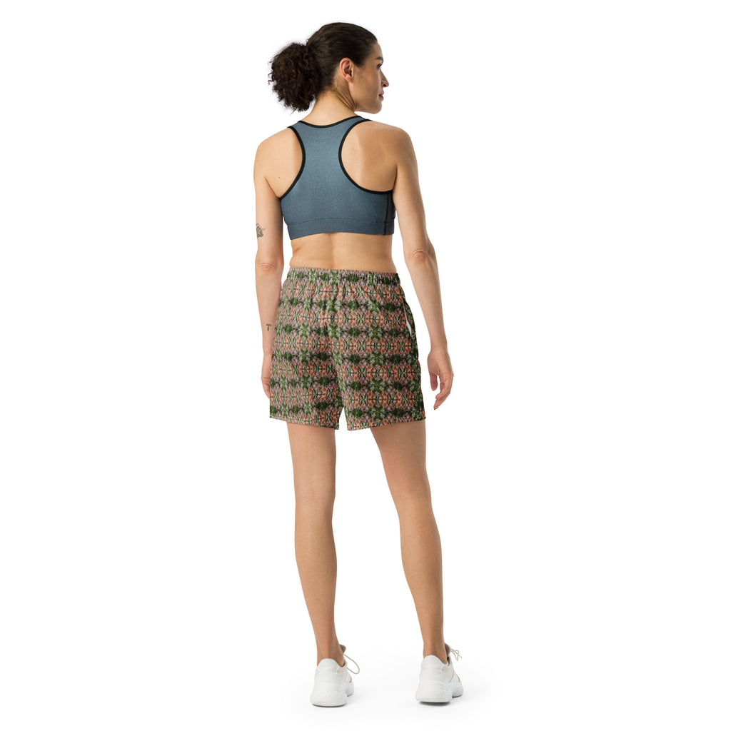 White unisex Buddy Athletic Long Shorts with colorful all-over print, designed for active wear by BudWear.