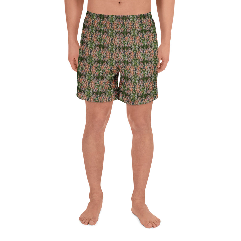 Unisex Buddy Athletic Long Shorts by BudWear with white all-over print and athletic fit, front view.