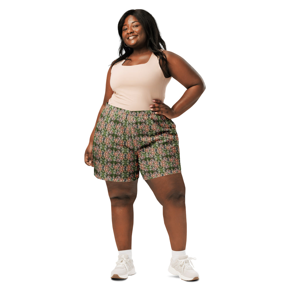 Unisex white Buddy Athletic Long Shorts by BudWear with colorful all-over print, designed for active wear and comfort.