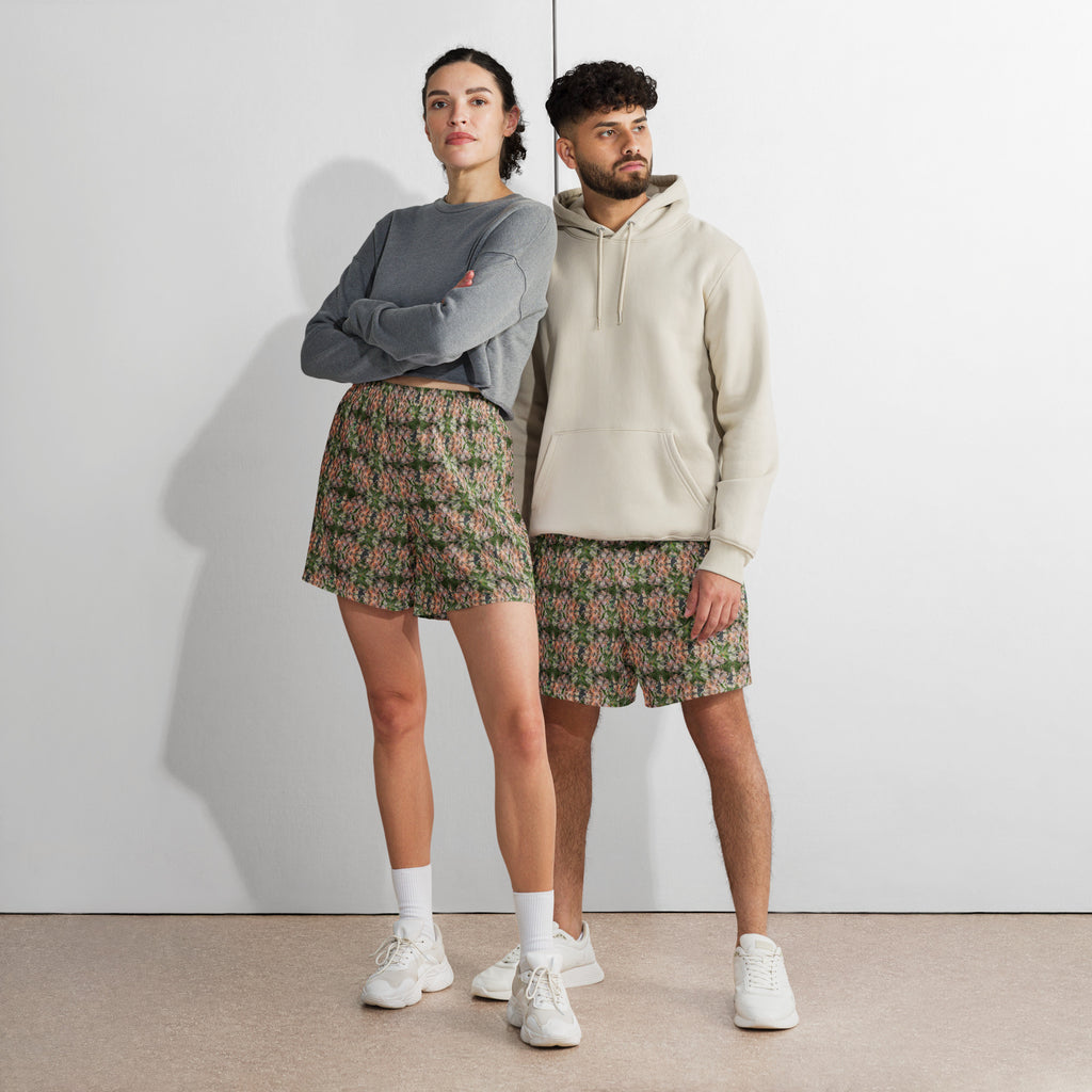 Unisex Buddy Athletic Long Shorts by BudWear with a white all-over print, featuring a comfortable fit and athletic style.