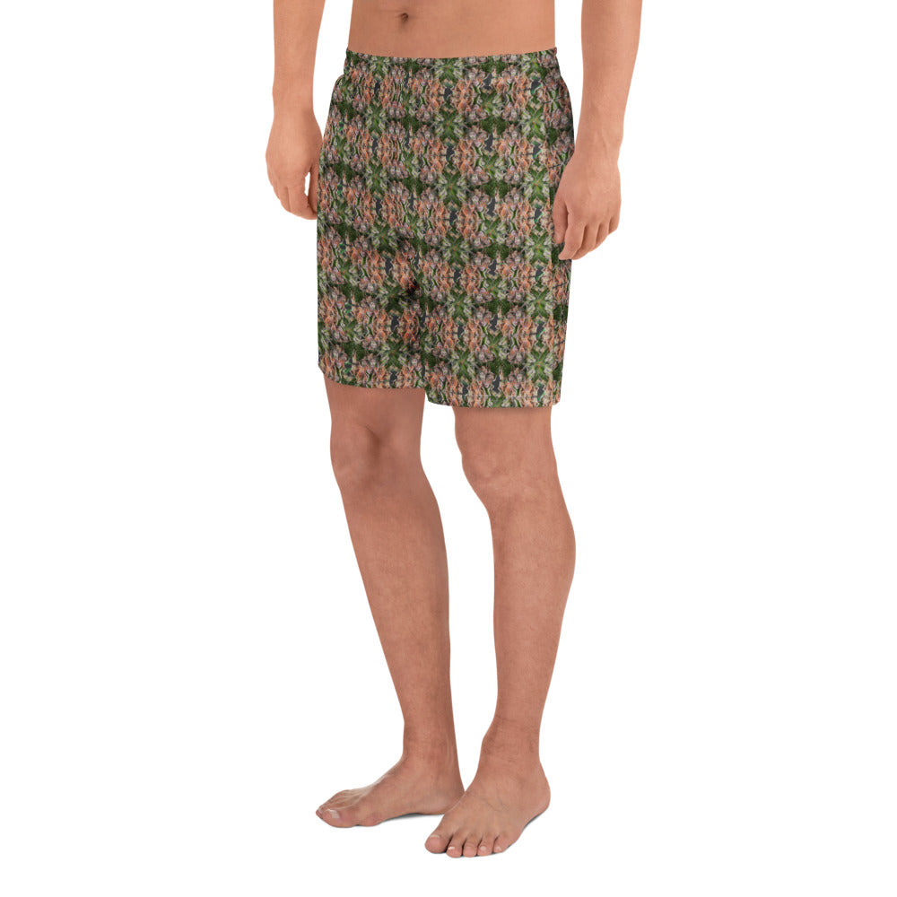 Unisex white athletic long shorts with BudWear cannabis flower print, featuring a direct-to-fabric design and comfortable fit.