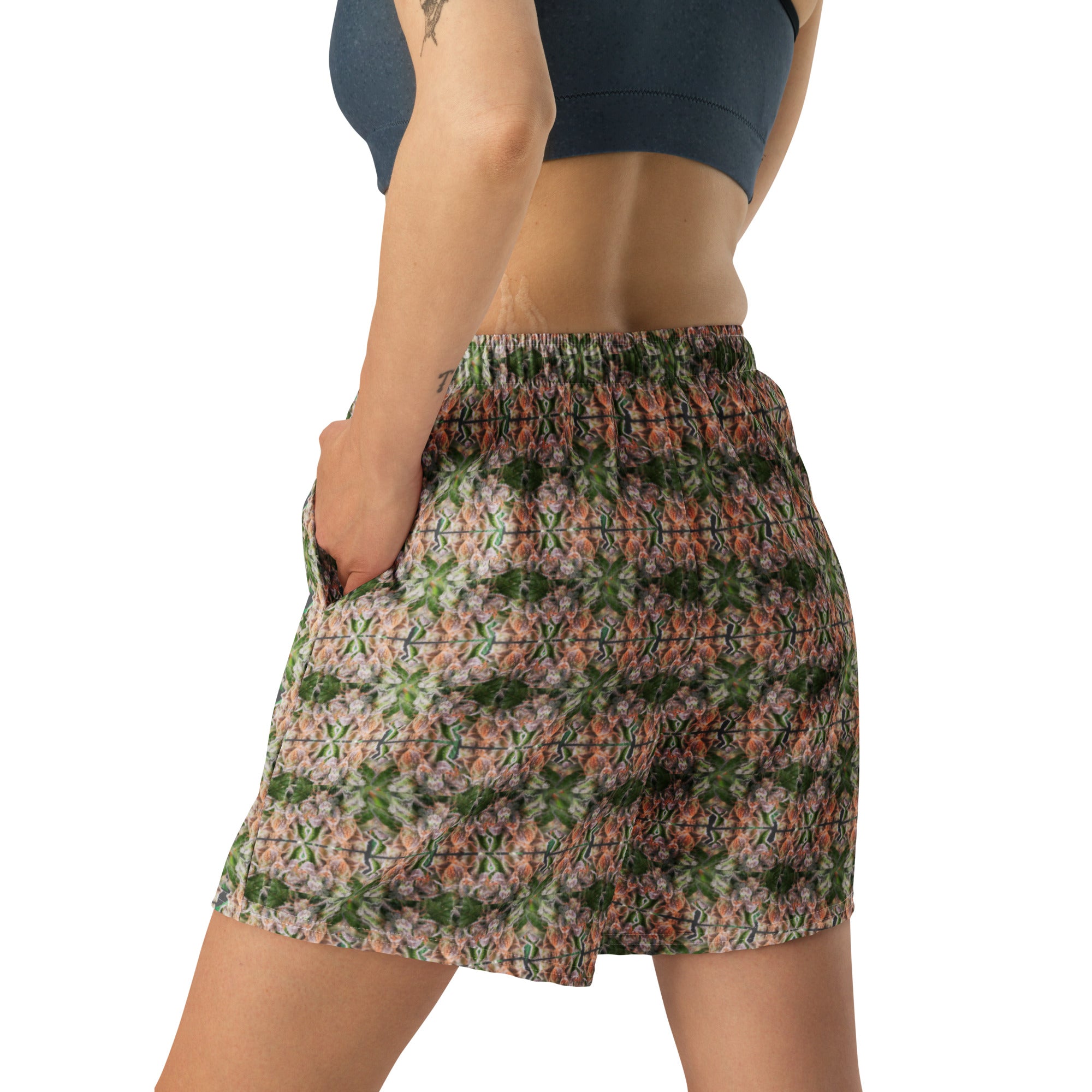 Unisex Buddy Athletic Long Shorts by BudWear with all-over white print, showing the back and side view.