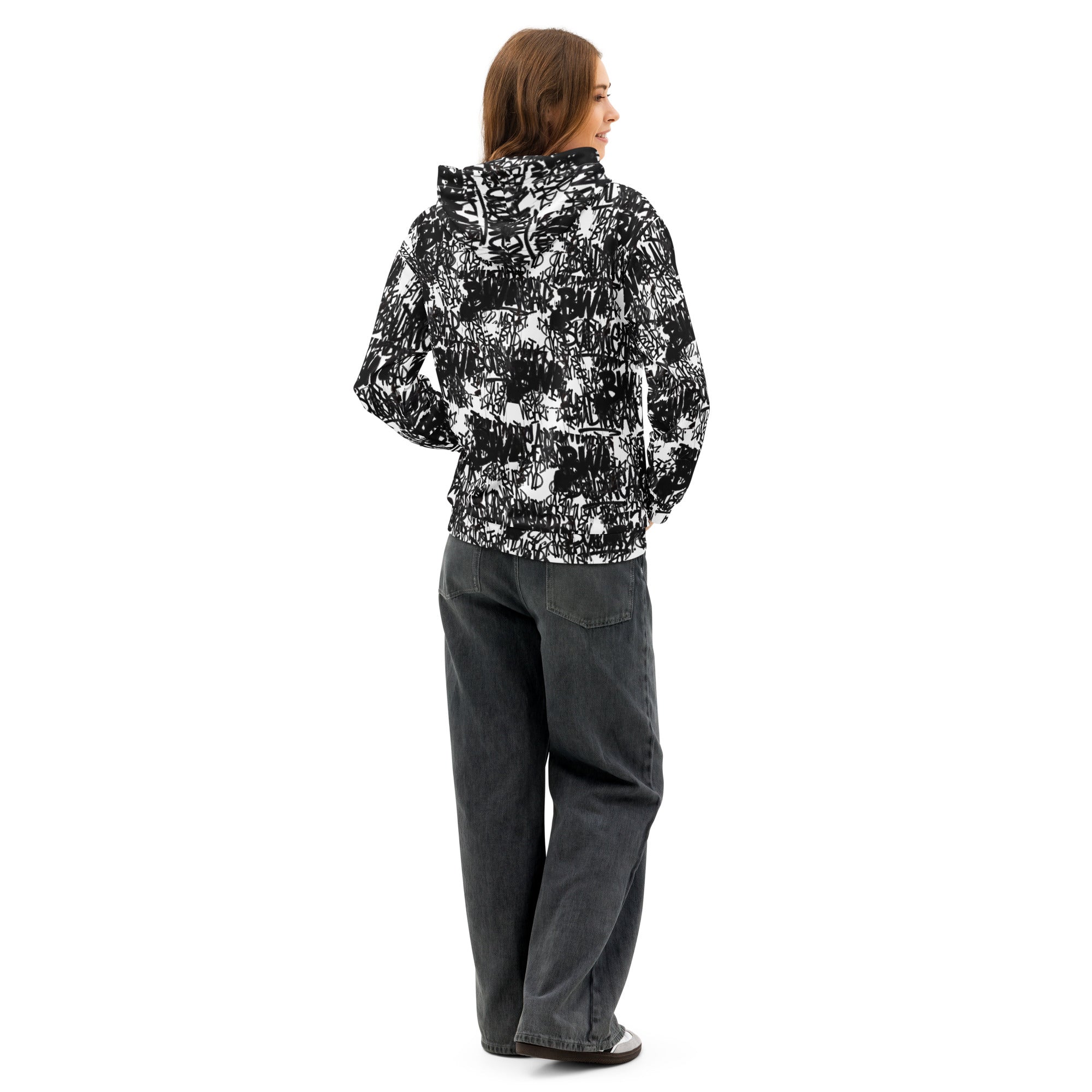 Unisex white cotton hoodie from BudWear with all-over print, featuring a relaxed fit and casual style.