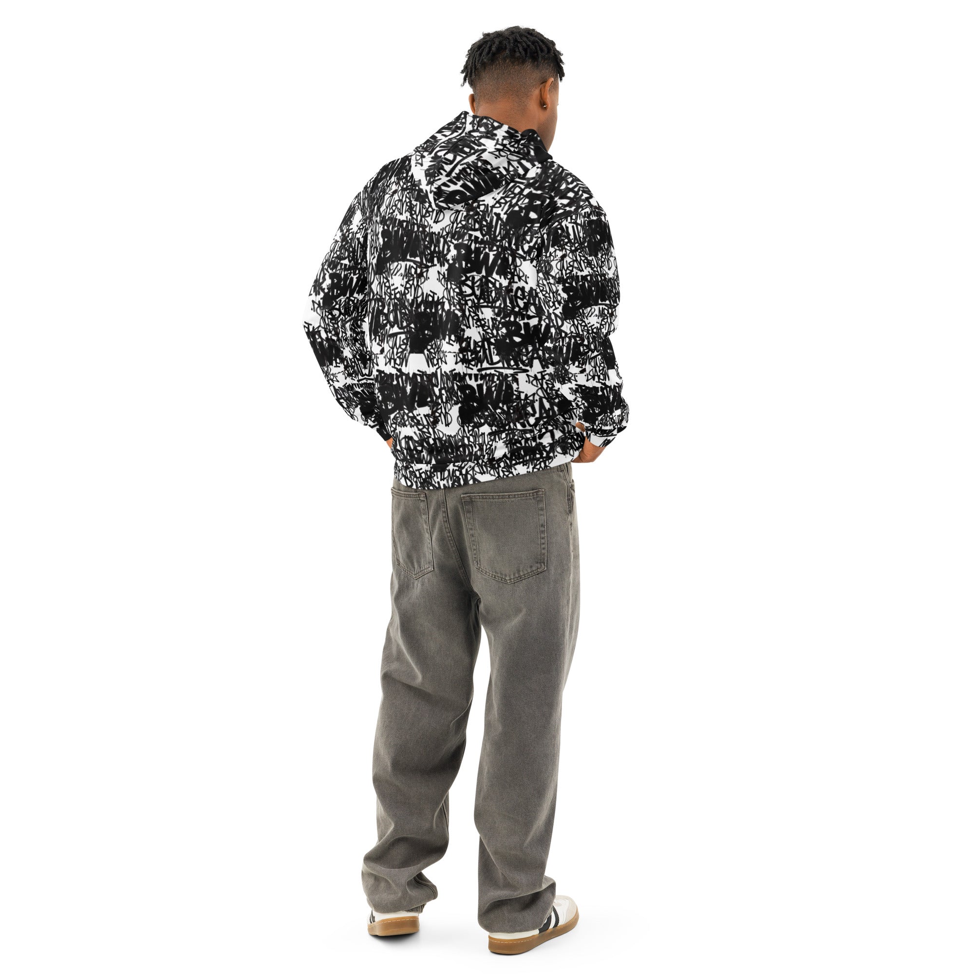 Unisex white cotton hoodie with all-over print from BudWear Signature BudWear Cotton Hoodie, back view.