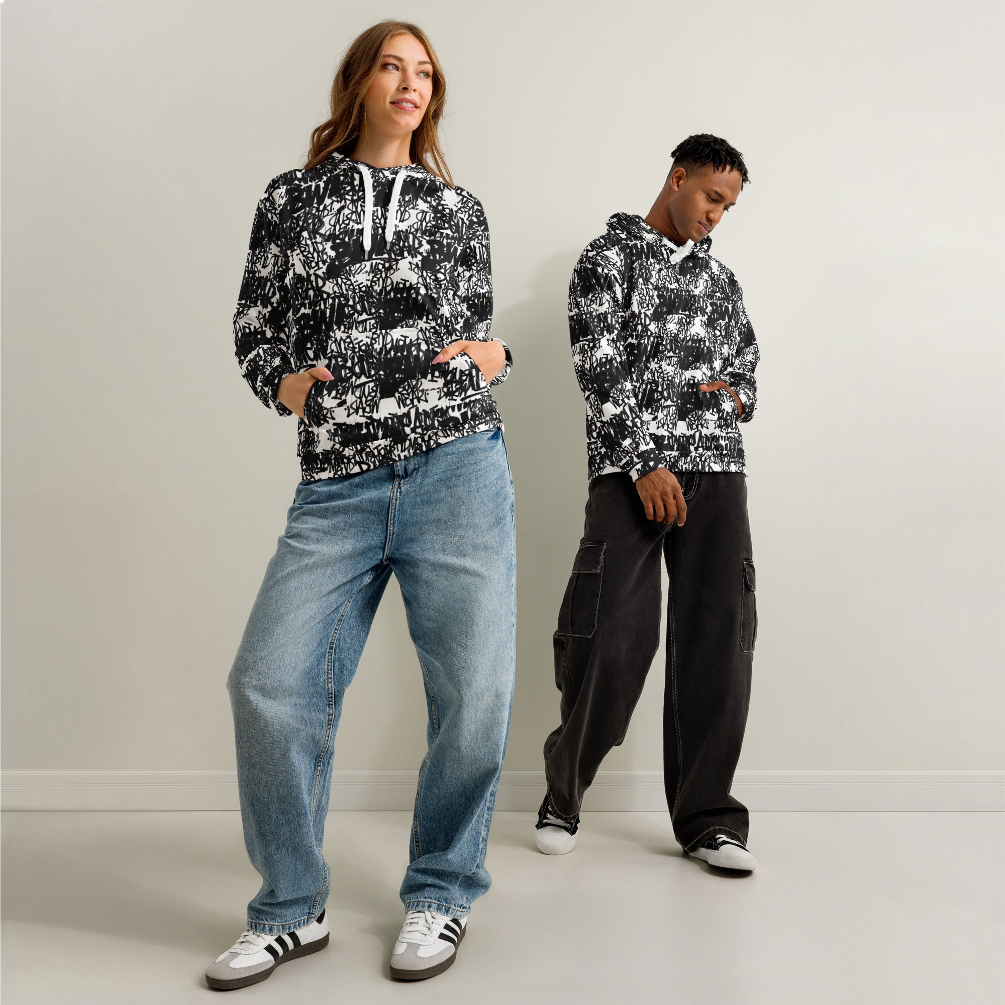 White unisex cotton hoodie with all-over print from BudWear Signature BudWear Cotton Hoodie, front view.