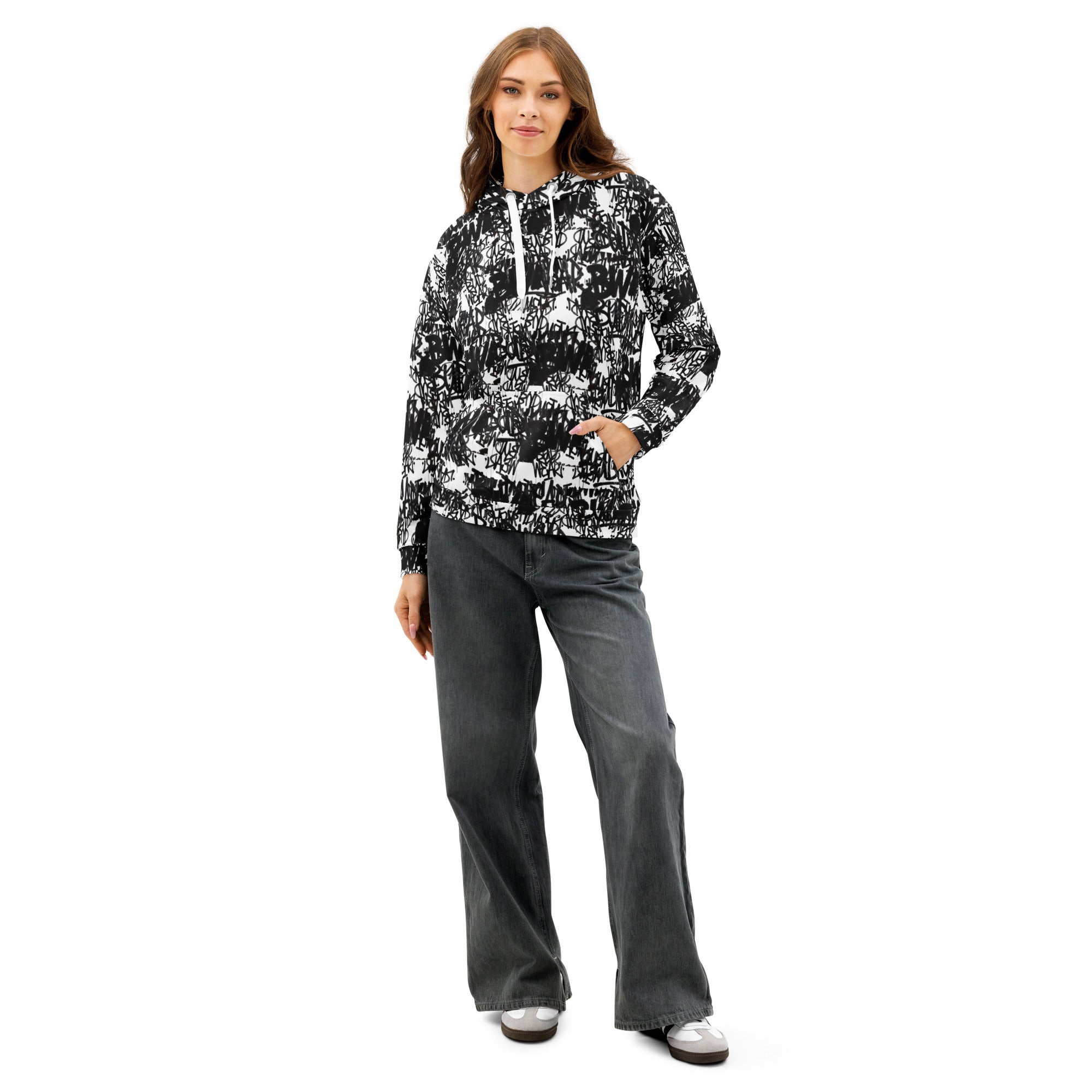 Unisex white cotton hoodie by BudWear with all-over print, featuring a stylish and comfortable design on the front.