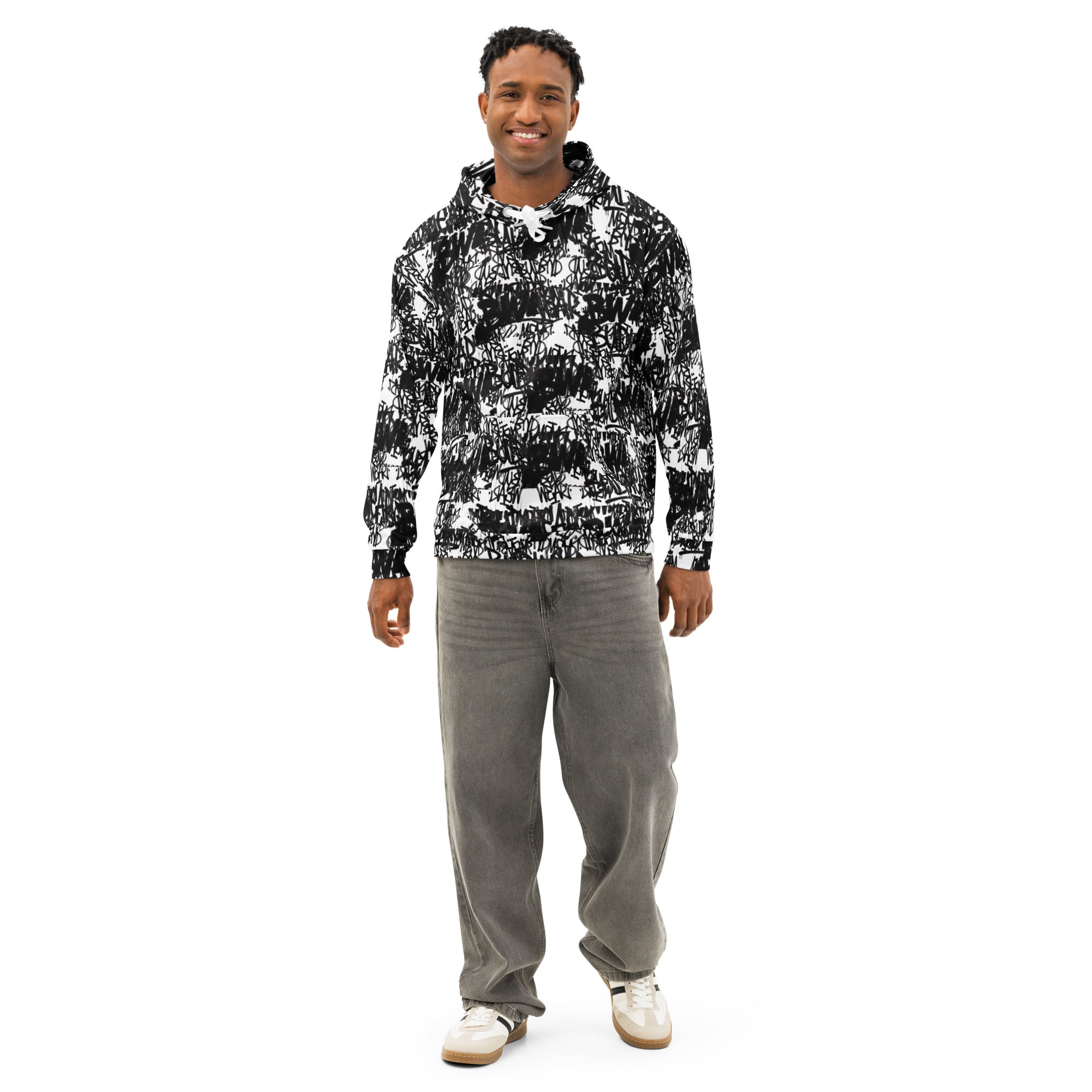 White unisex cotton hoodie with all-over-print design from BudWear's Signature BudWear Cotton Hoodie collection.