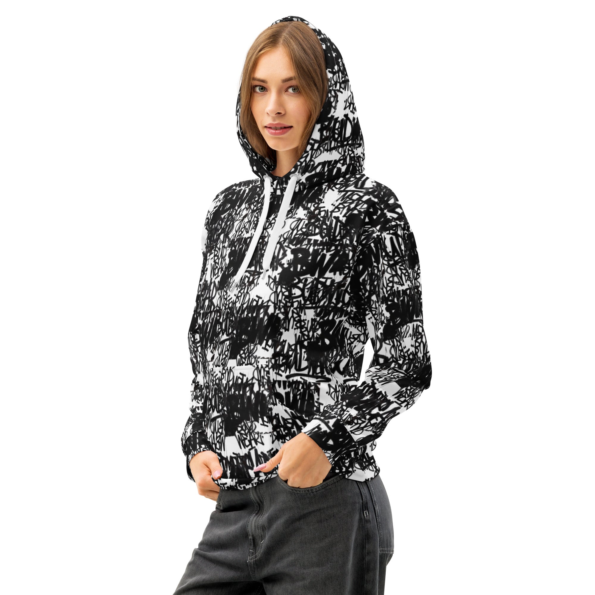 Unisex white cotton hoodie by BudWear with all-over print, featuring a front view and casual, comfortable fit.