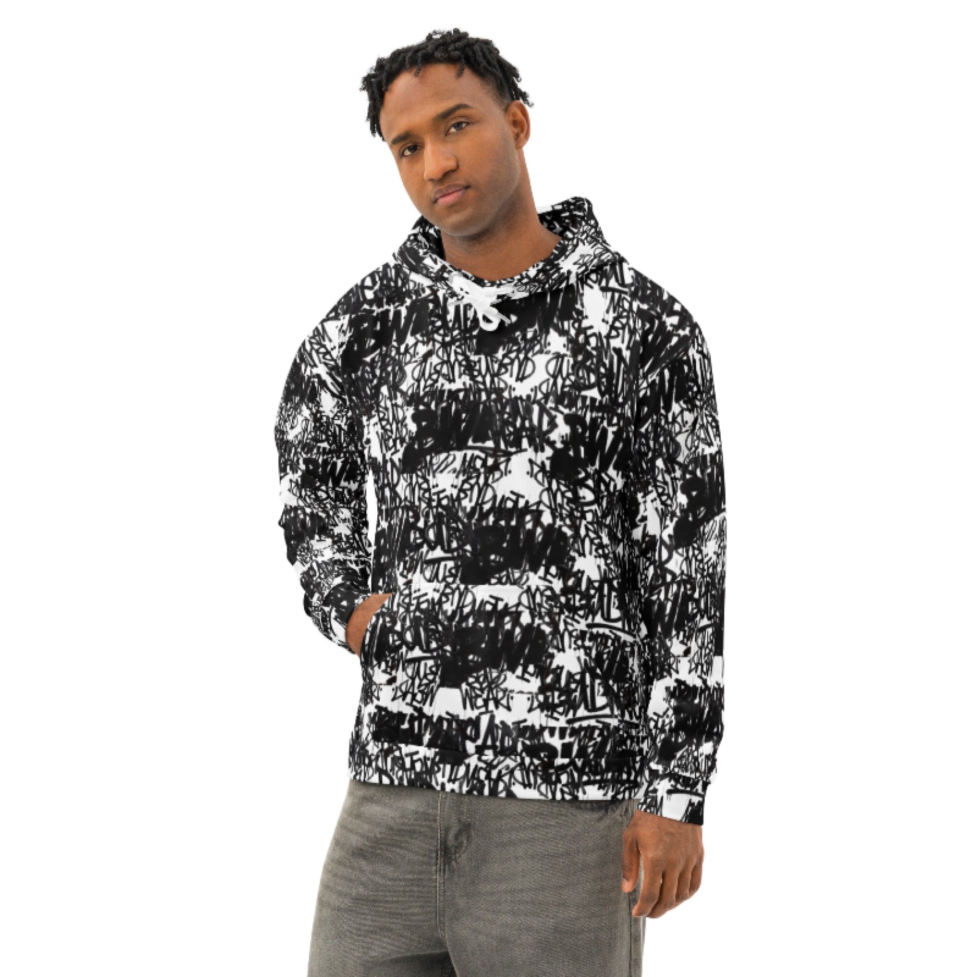 White unisex cotton hoodie with all-over print by BudWear, featuring a comfortable fit and signature design.