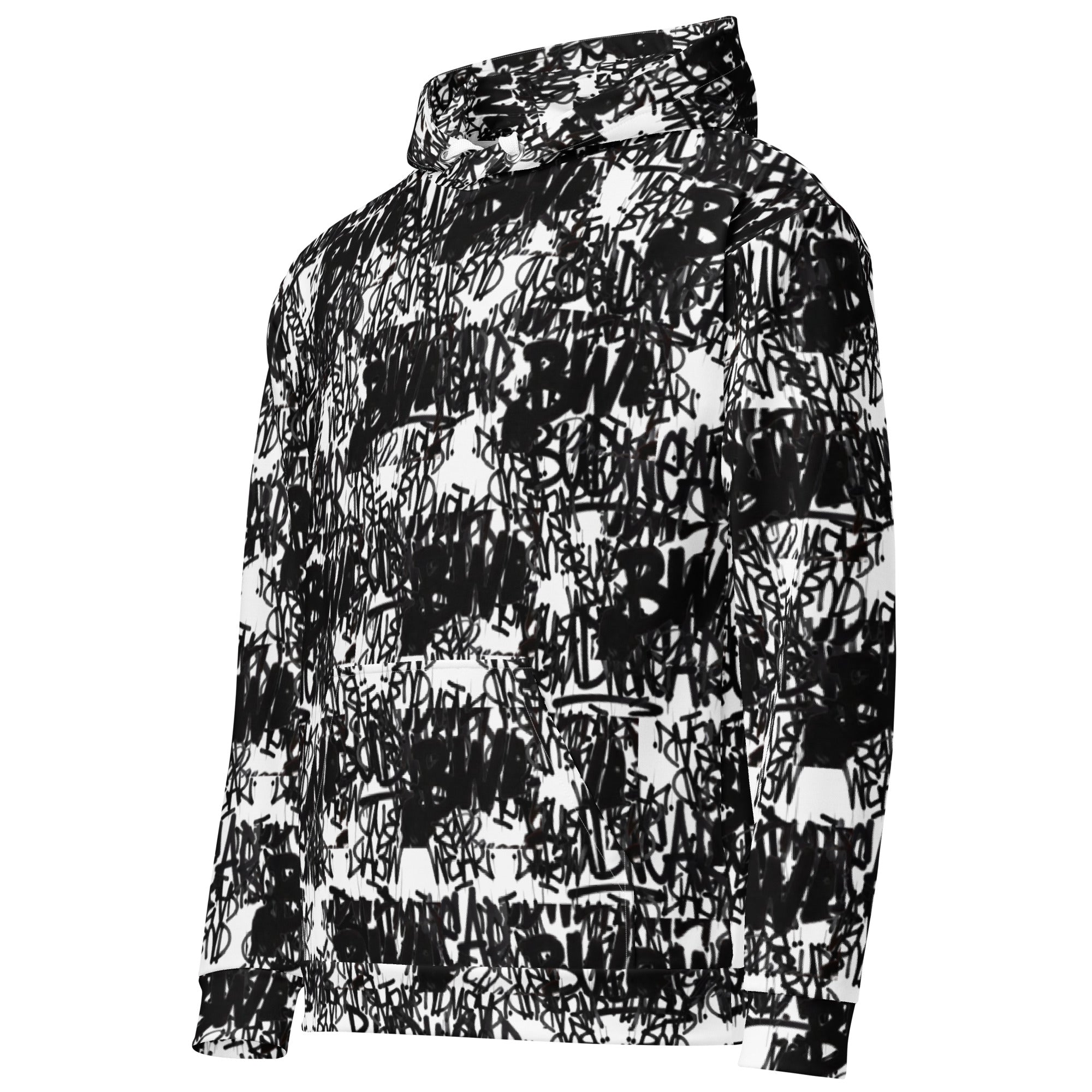 Unisex white cotton hoodie with all-over print from BudWear, featuring a comfortable fit and stylish design.