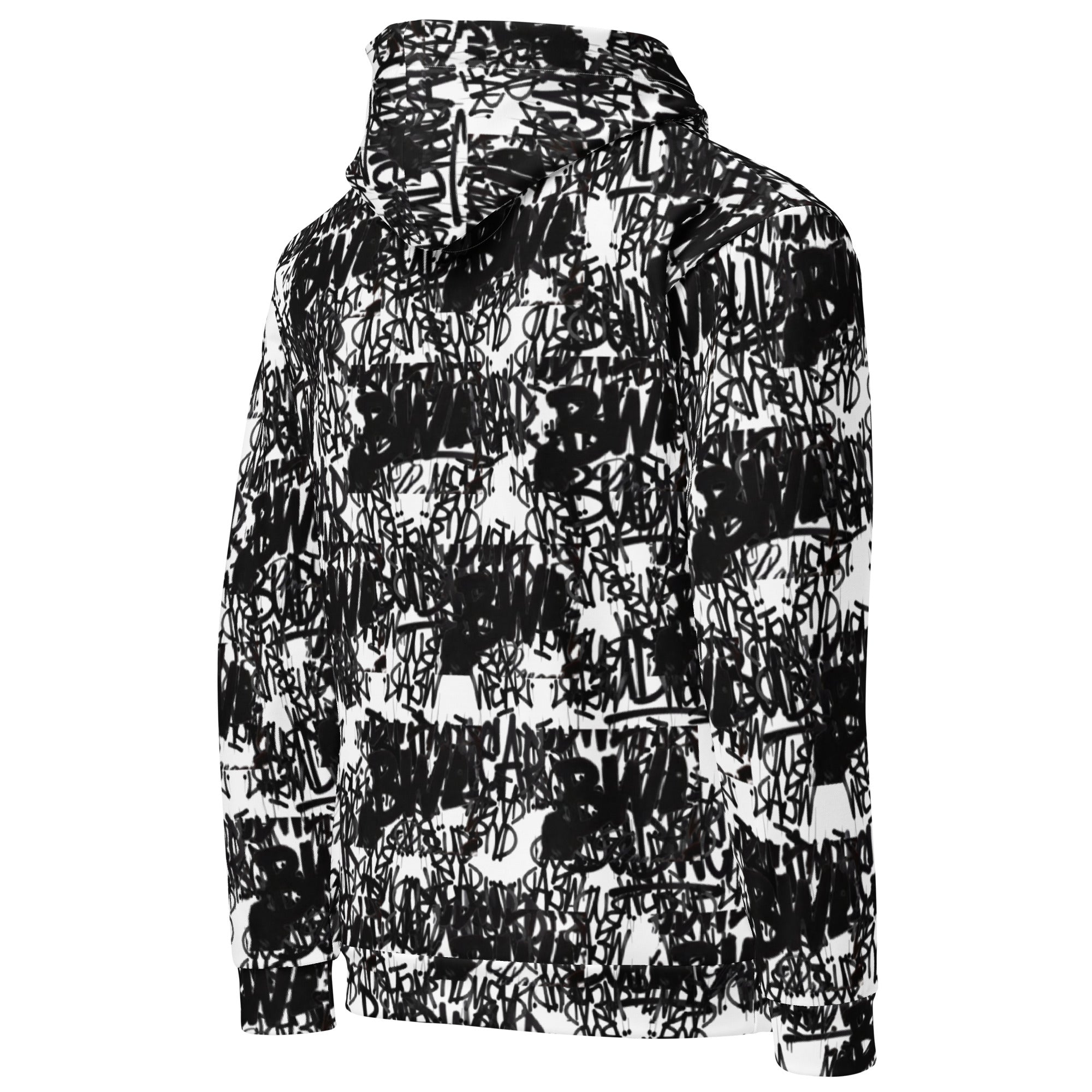 Unisex white cotton hoodie with all-over print from BudWear Signature BudWear Cotton Hoodie, viewed from the right back.