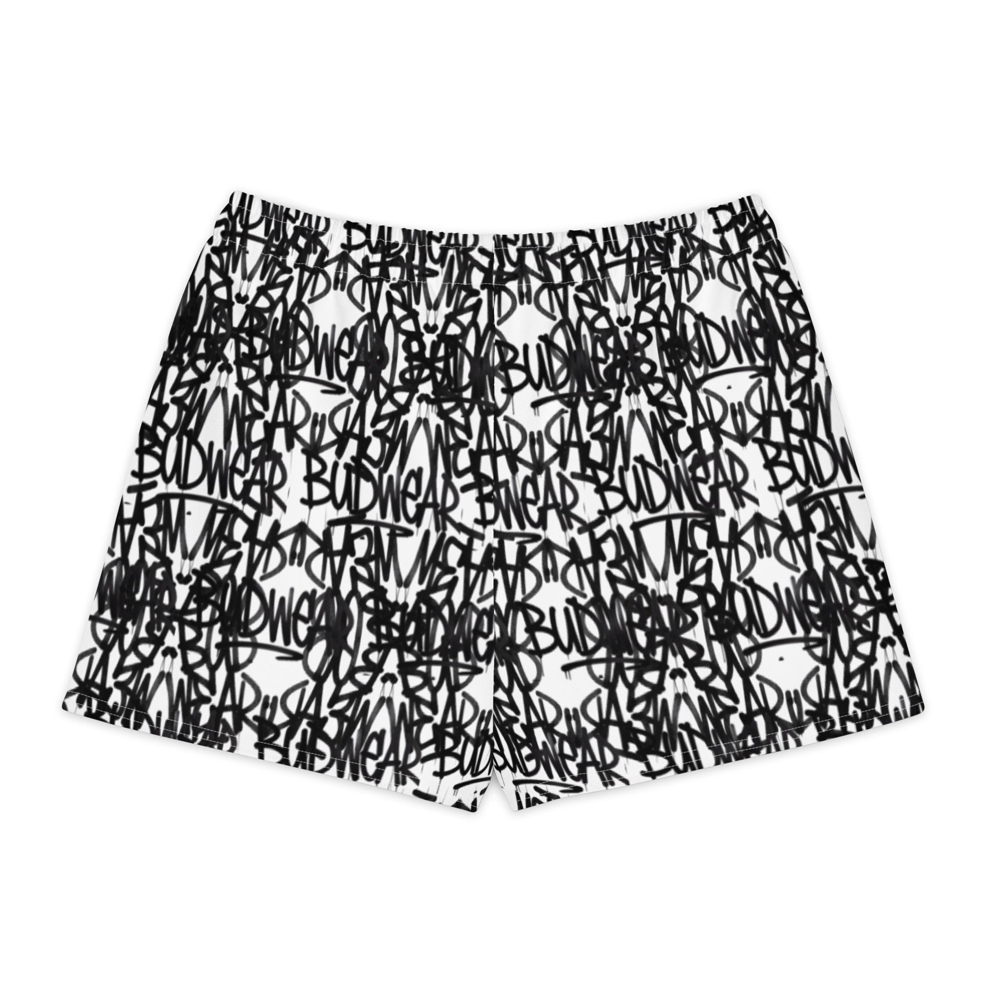 Unisex cotton shorts with signature cannabis print in white, featuring all-over fabric design by BudWear.