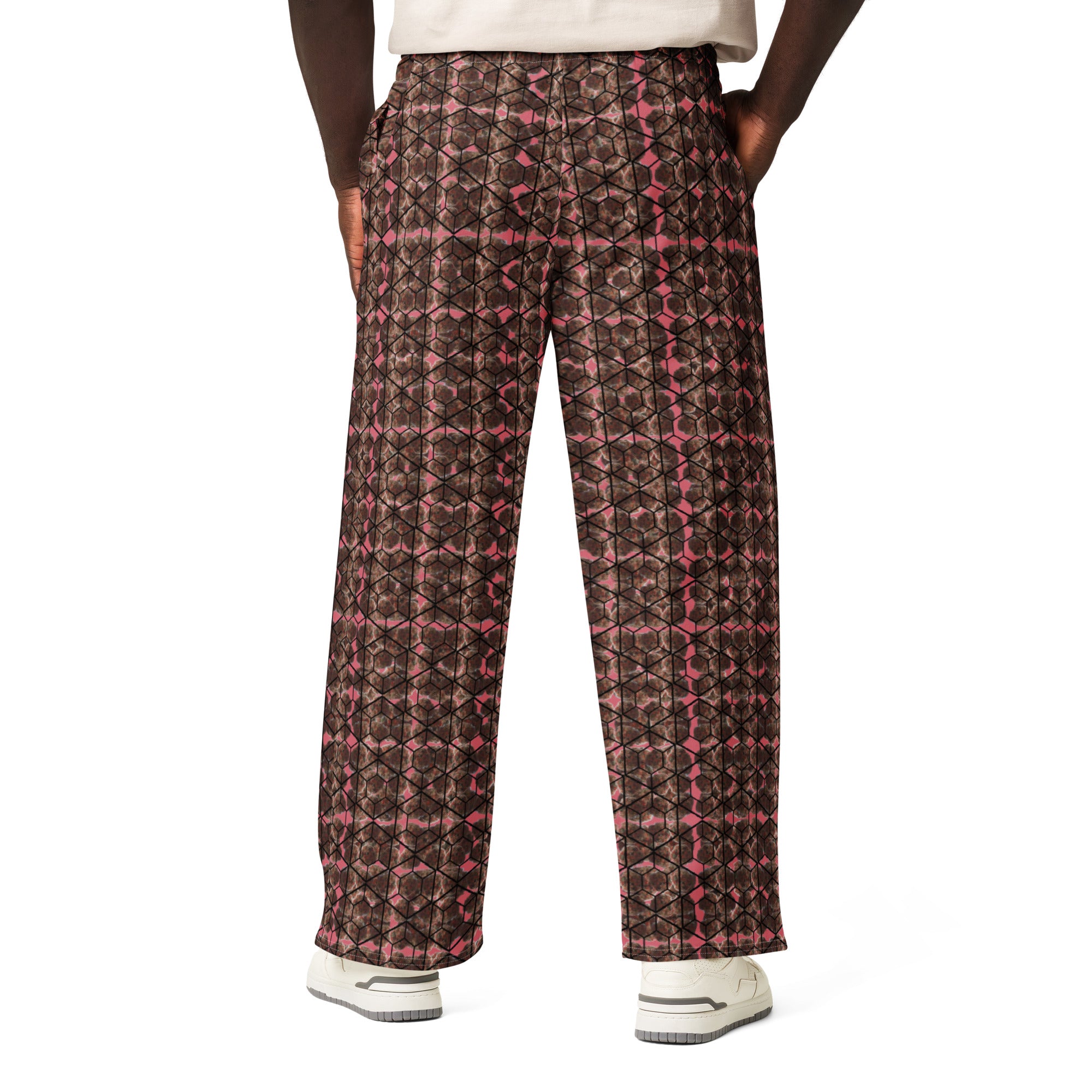 Unisex white cotton wide-leg pants with all-over print from BudWear, featuring a relaxed fit and stylish design.