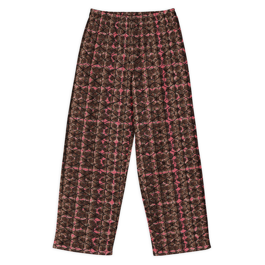 Unisex cotton wide-leg pants with all-over brown print from BudWear, featuring a relaxed fit and stylish design.